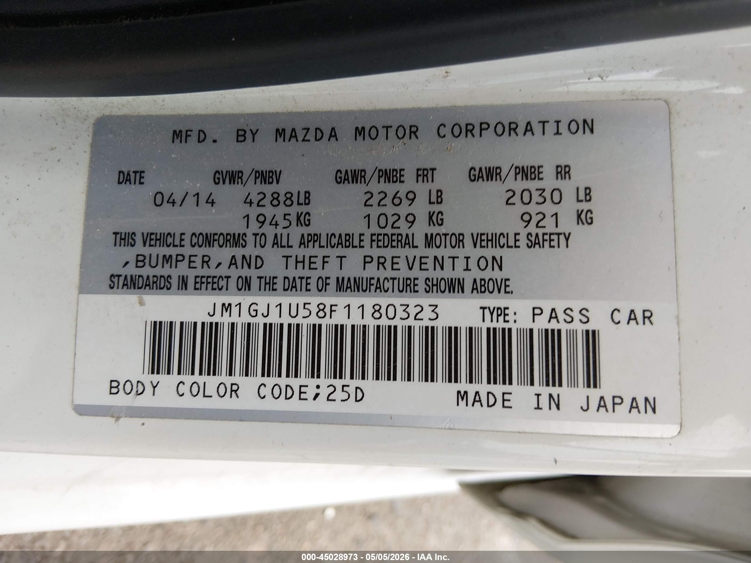 2015 Mazda Mazda6 I Sport White vin: JM1GJ1U58F1180323