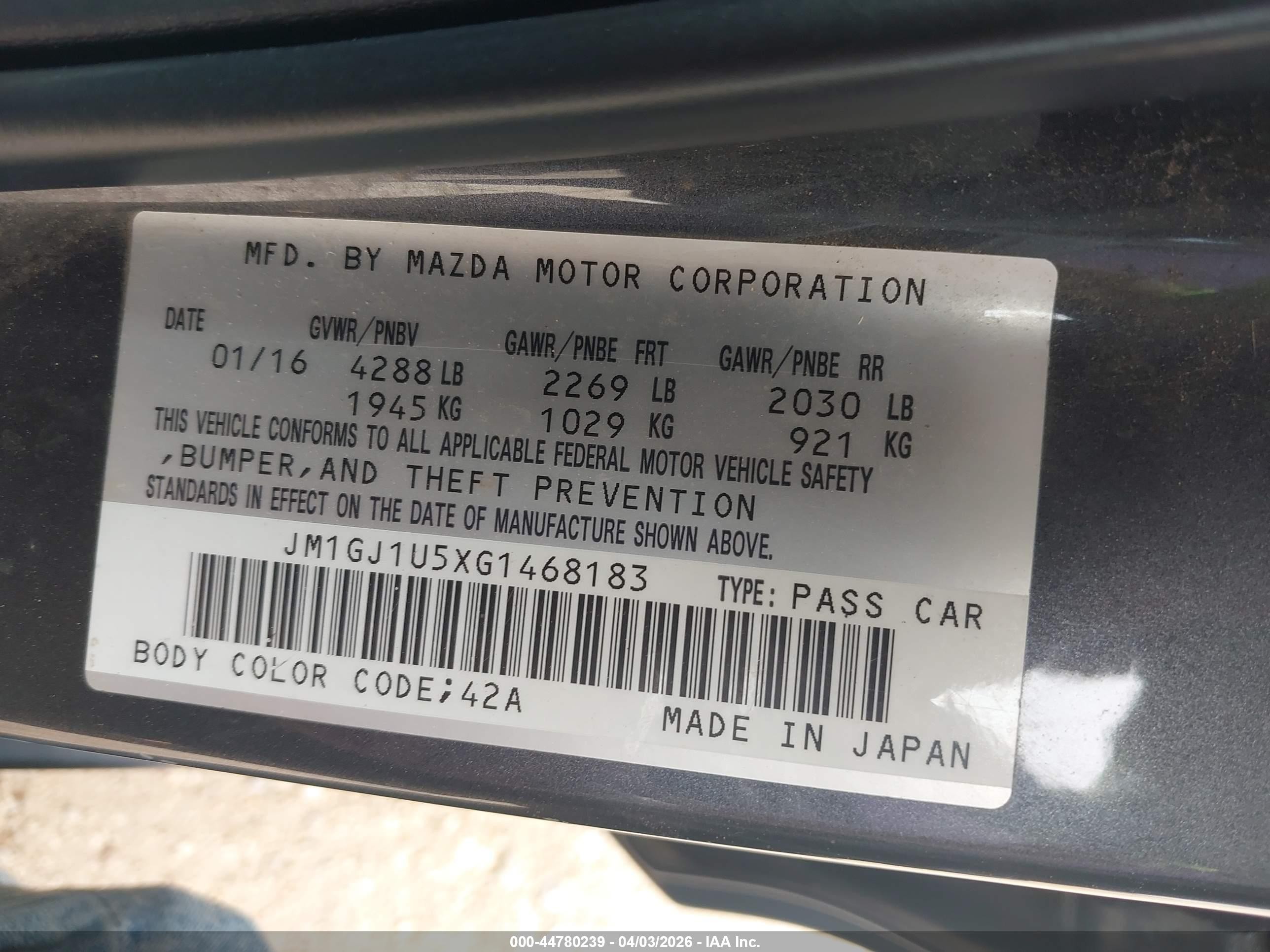 2016 Mazda Mazda6 I Sport Серый vin: JM1GJ1U5XG1468183