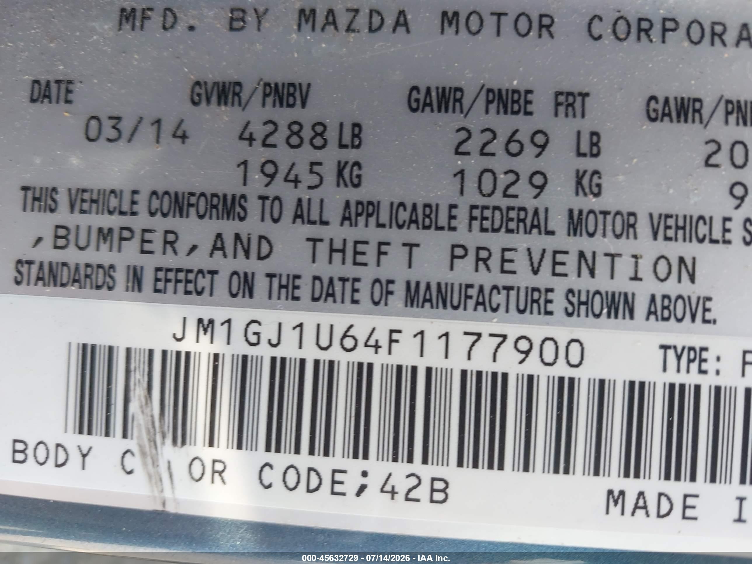 2015 Mazda Mazda6 I Sport Blue vin: JM1GJ1U64F1177900