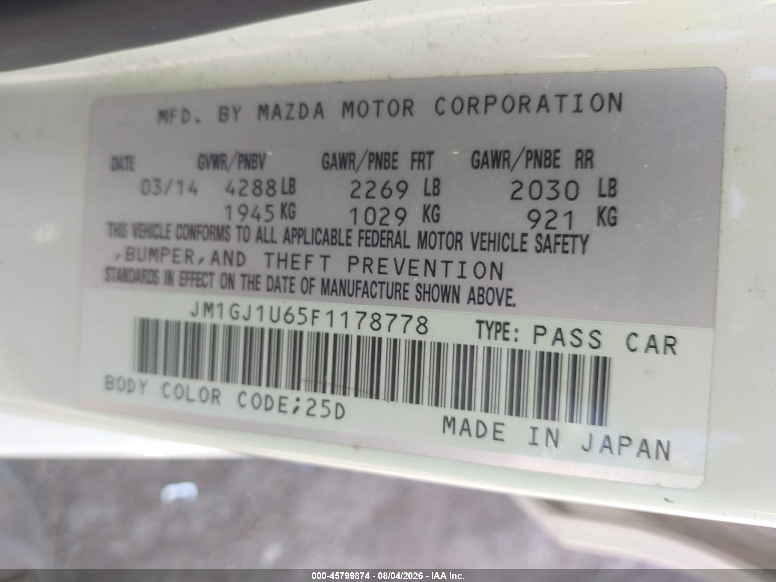 2015 Mazda Mazda6 I Sport White vin: JM1GJ1U65F1178778