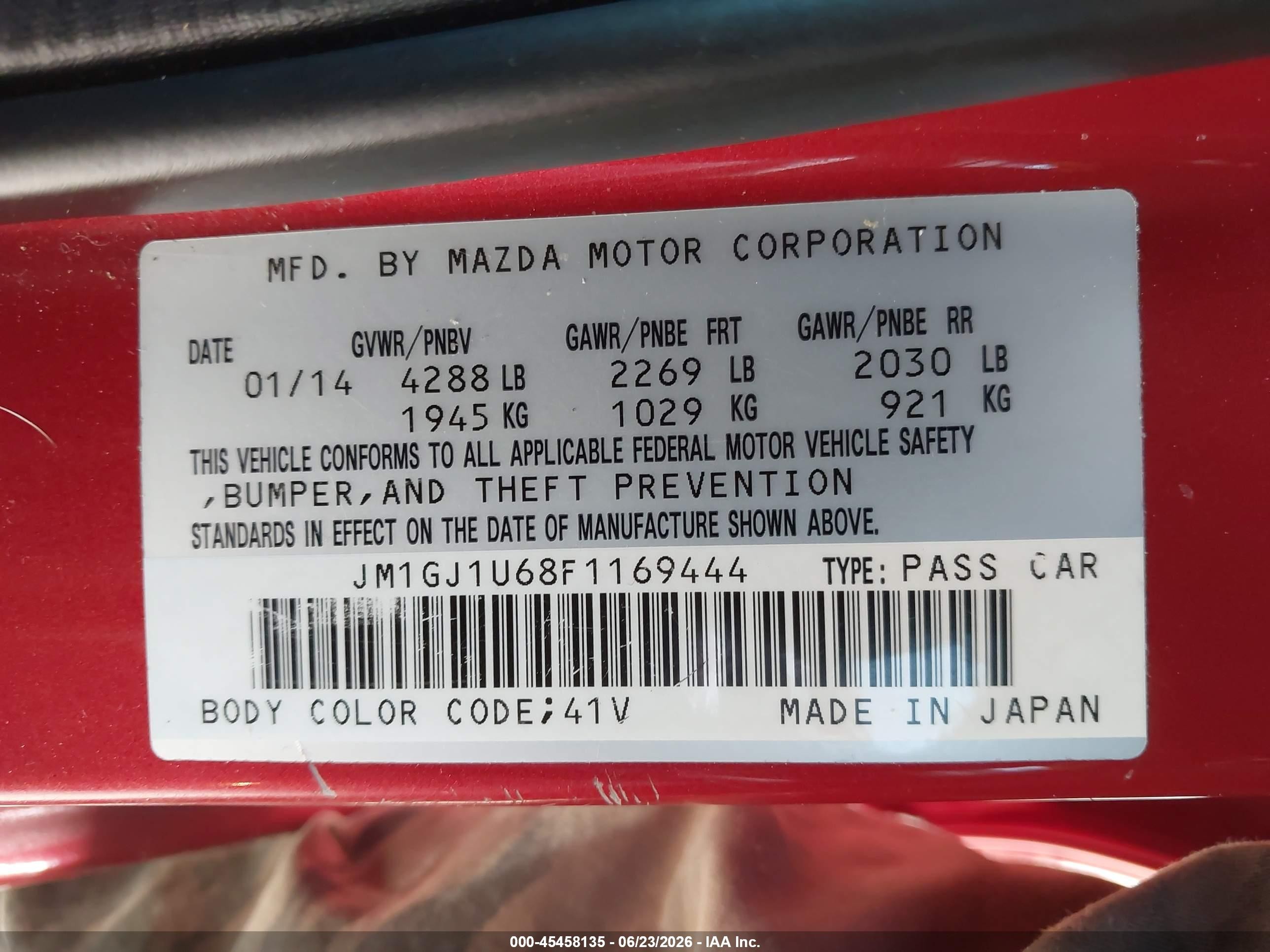 2015 Mazda Mazda6 I Sport Red vin: JM1GJ1U68F1169444