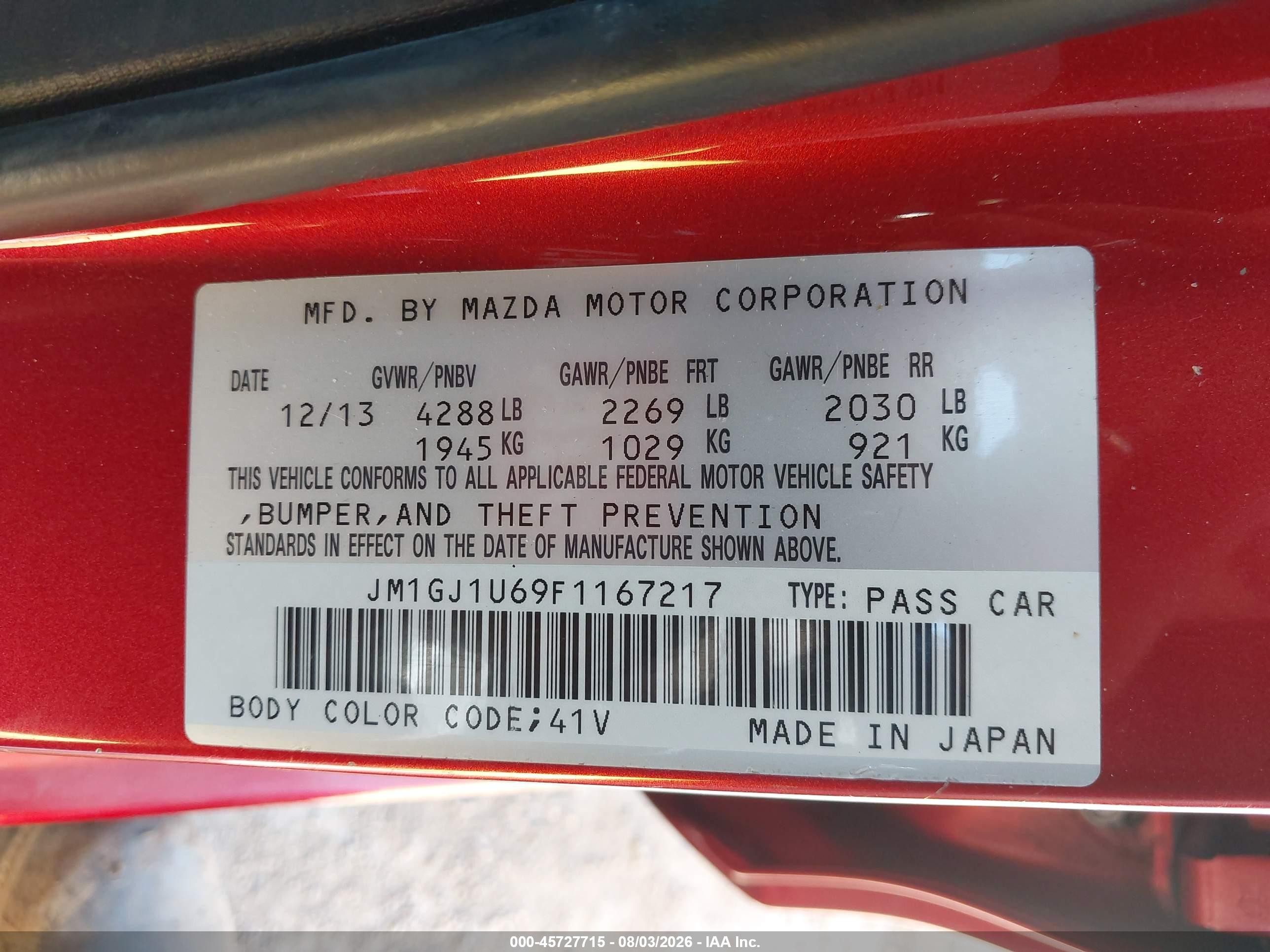 2015 Mazda Mazda6 I Sport Red vin: JM1GJ1U69F1167217