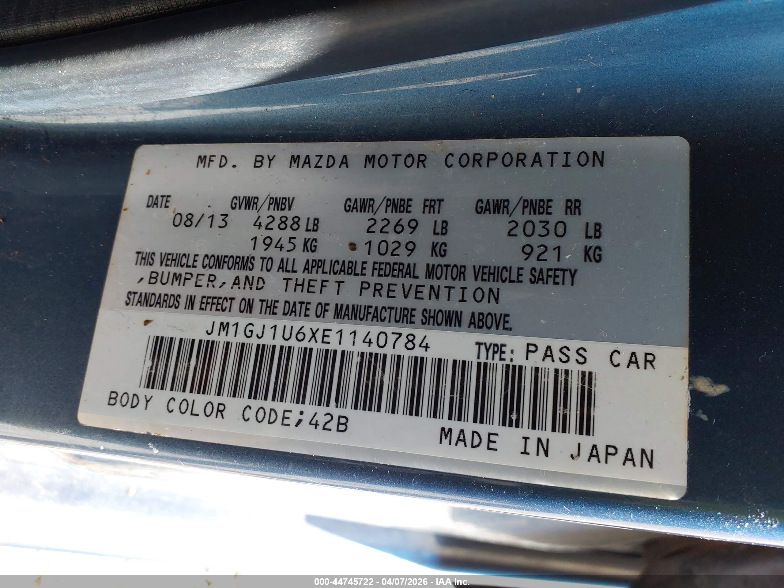 2014 Mazda Mazda6 I Sport Blue vin: JM1GJ1U6XE1140784