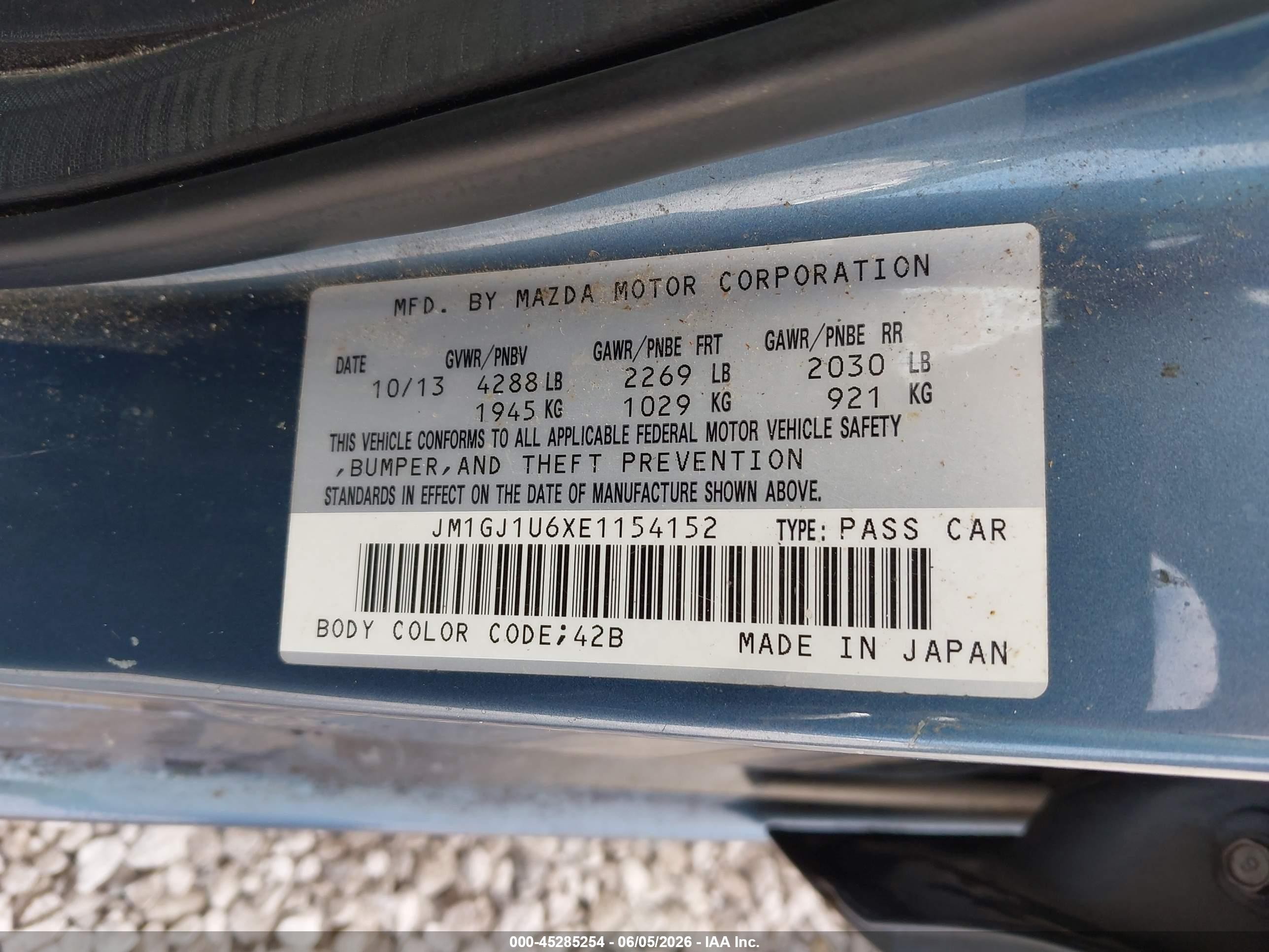 2014 Mazda Mazda6 I Sport Light Blue vin: JM1GJ1U6XE1154152