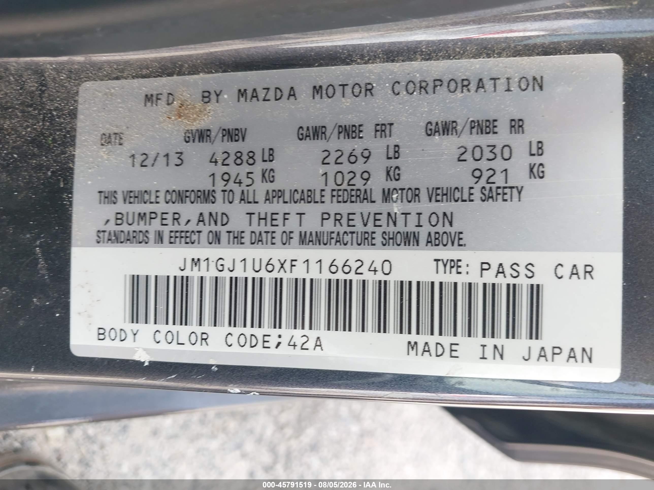 2015 Mazda Mazda6 I Sport Gray vin: JM1GJ1U6XF1166240