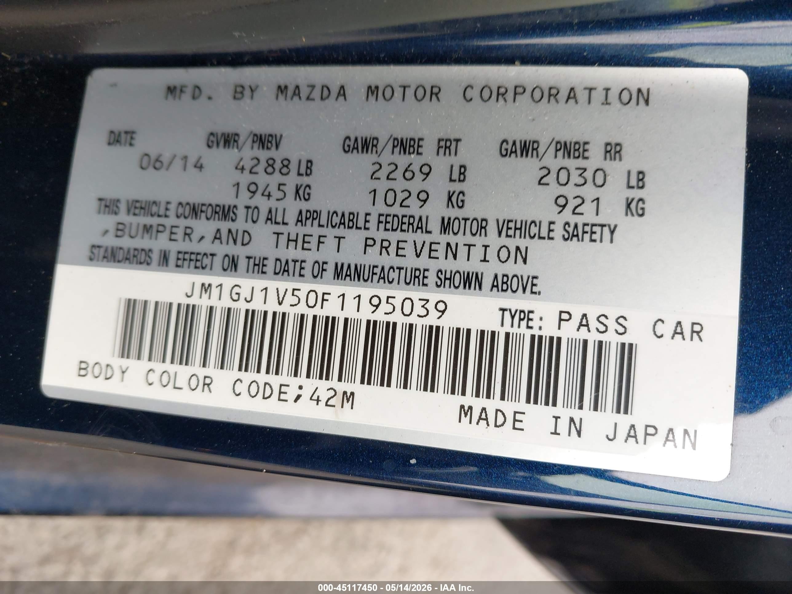 2015 Mazda Mazda6 I Touring Blue vin: JM1GJ1V50F1195039