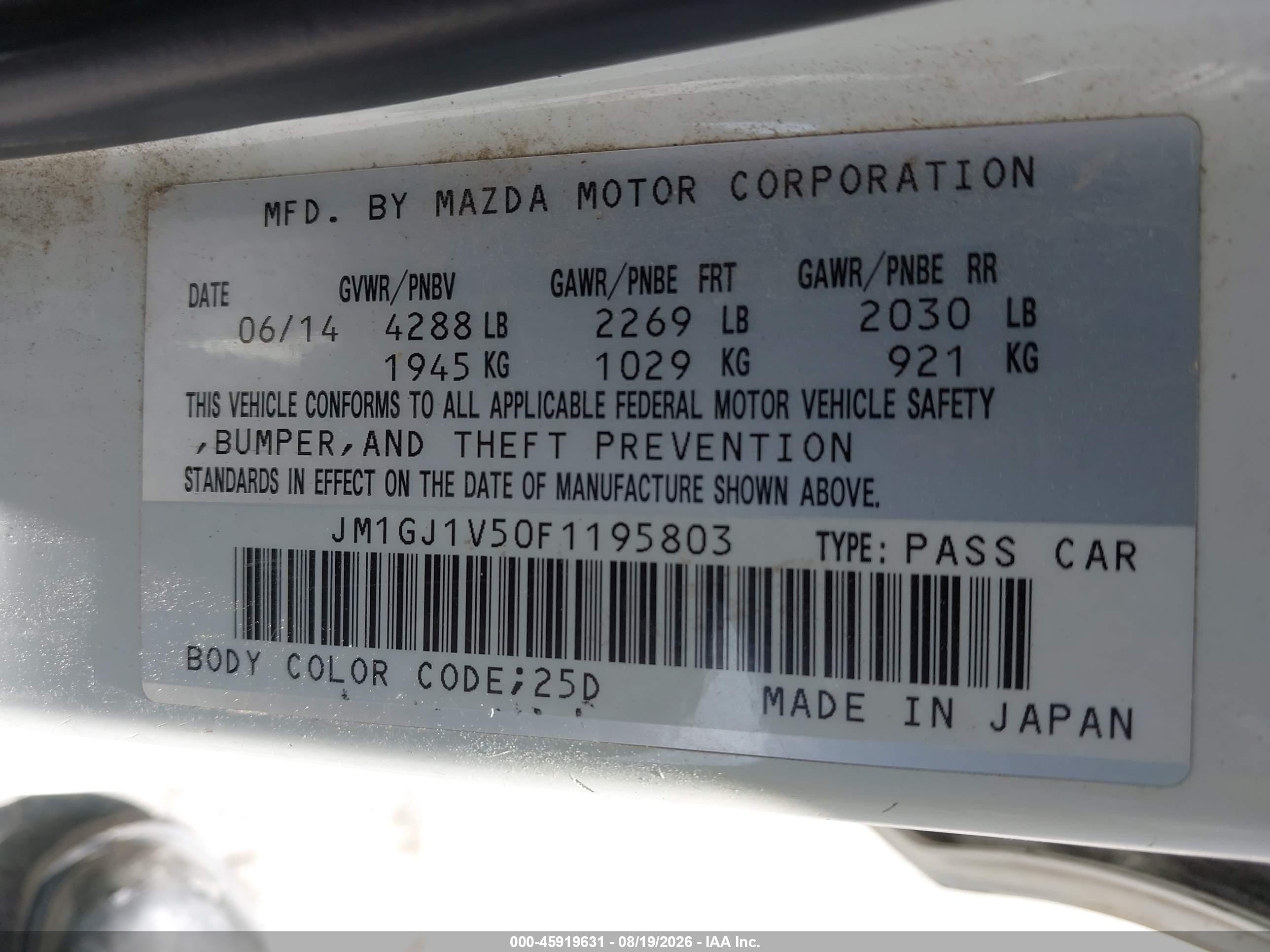2015 Mazda Mazda6 I Touring White vin: JM1GJ1V50F1195803