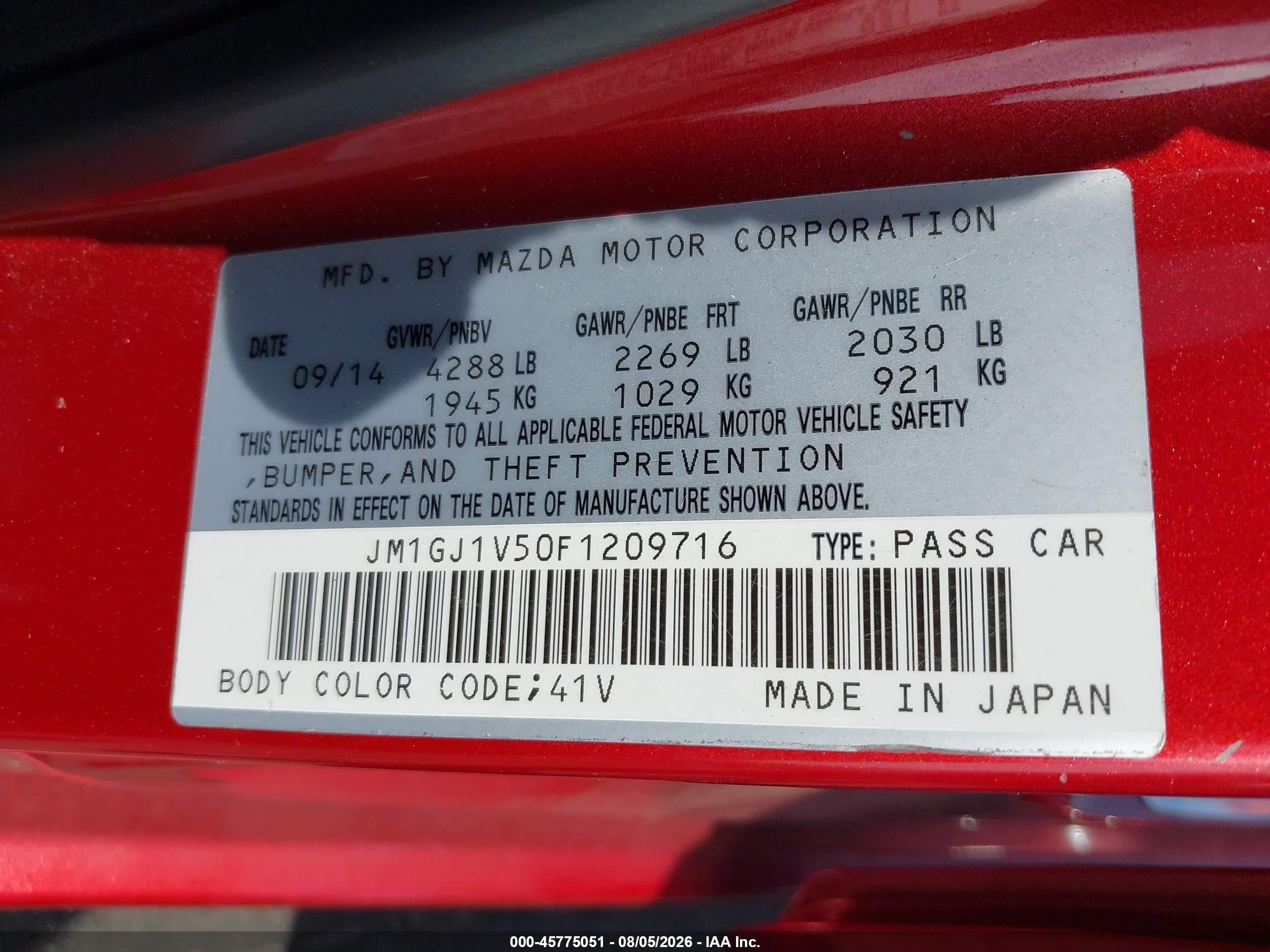2015 Mazda Mazda6 I Touring Red vin: JM1GJ1V50F1209716