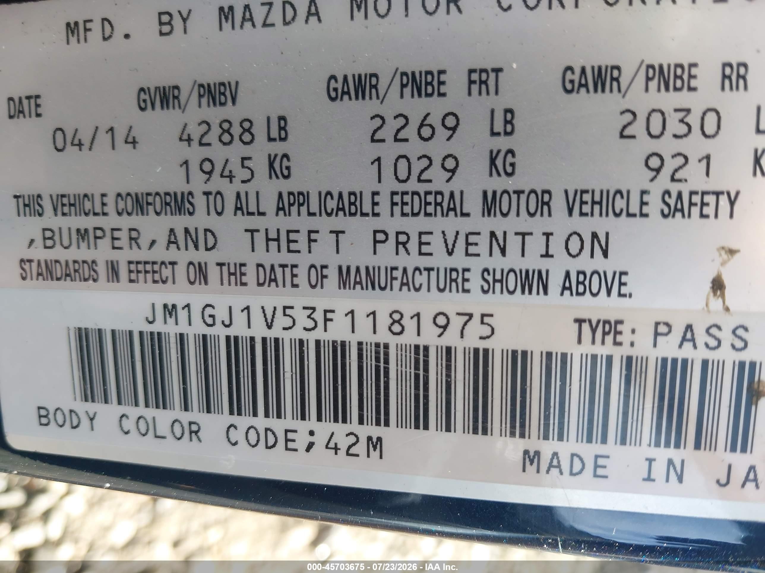 2015 Mazda Mazda6 I Touring Black vin: JM1GJ1V53F1181975
