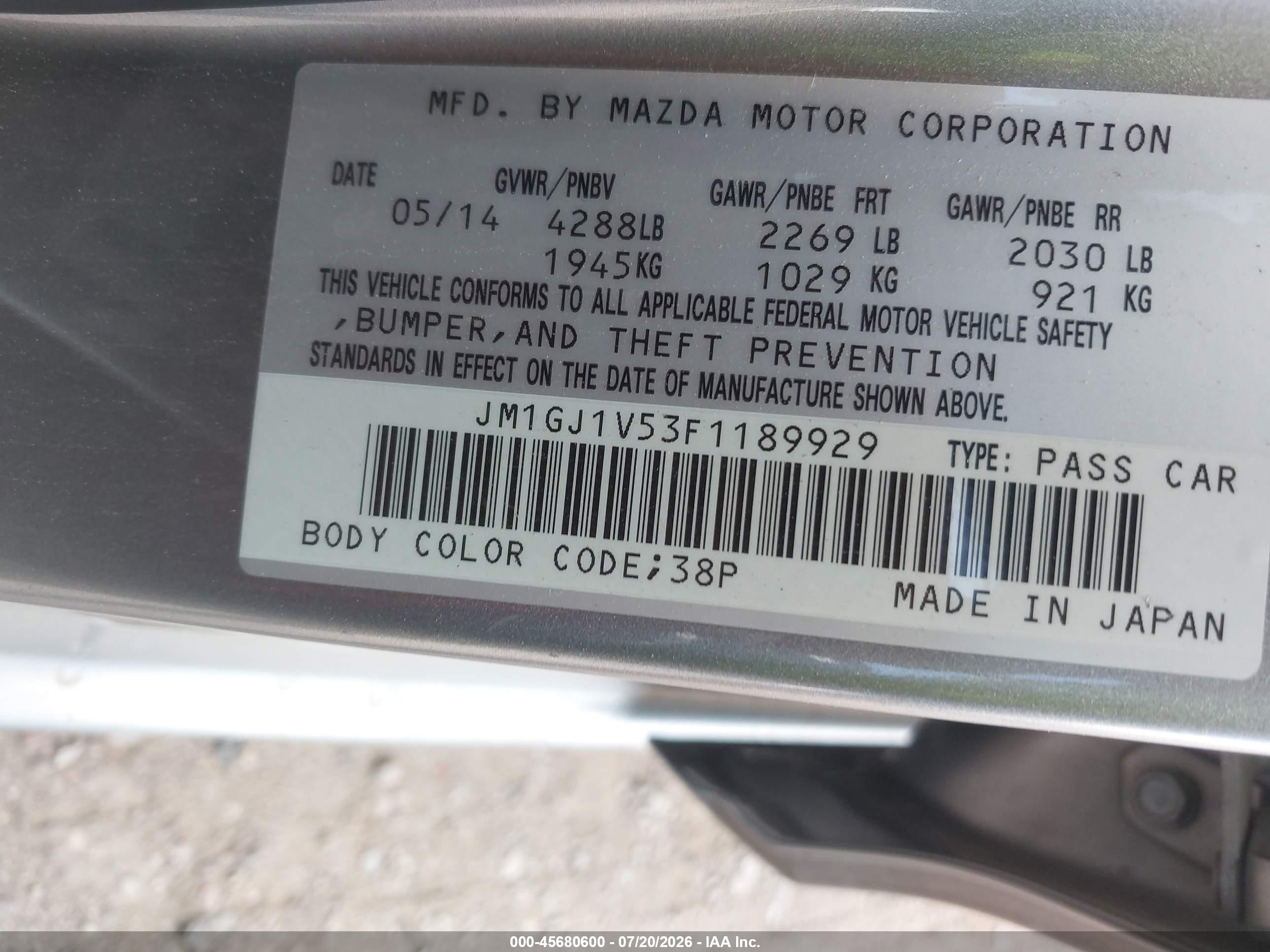 2015 Mazda Mazda6 I Touring Silver vin: JM1GJ1V53F1189929