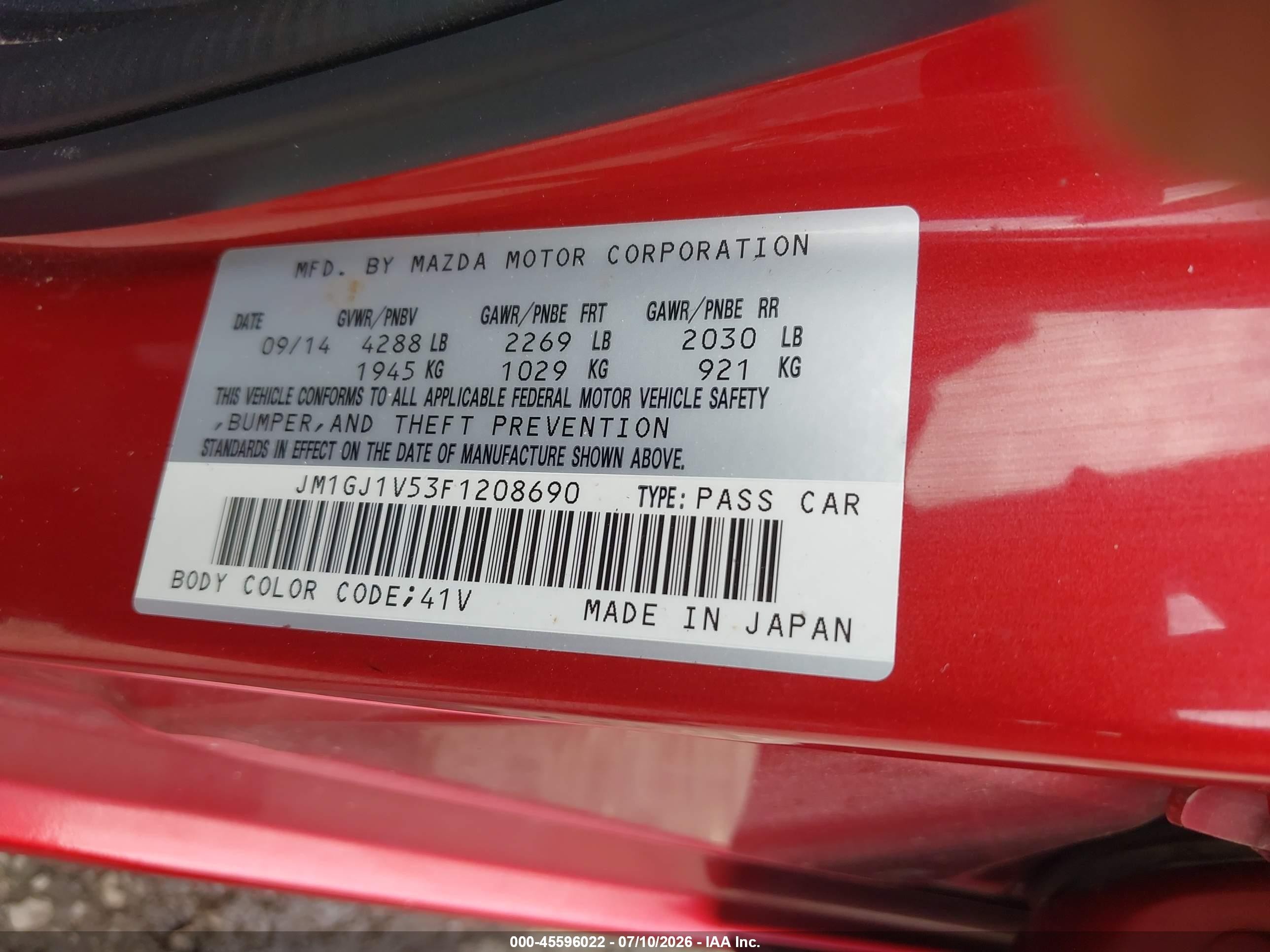 2015 Mazda Mazda6 I Touring Red vin: JM1GJ1V53F1208690