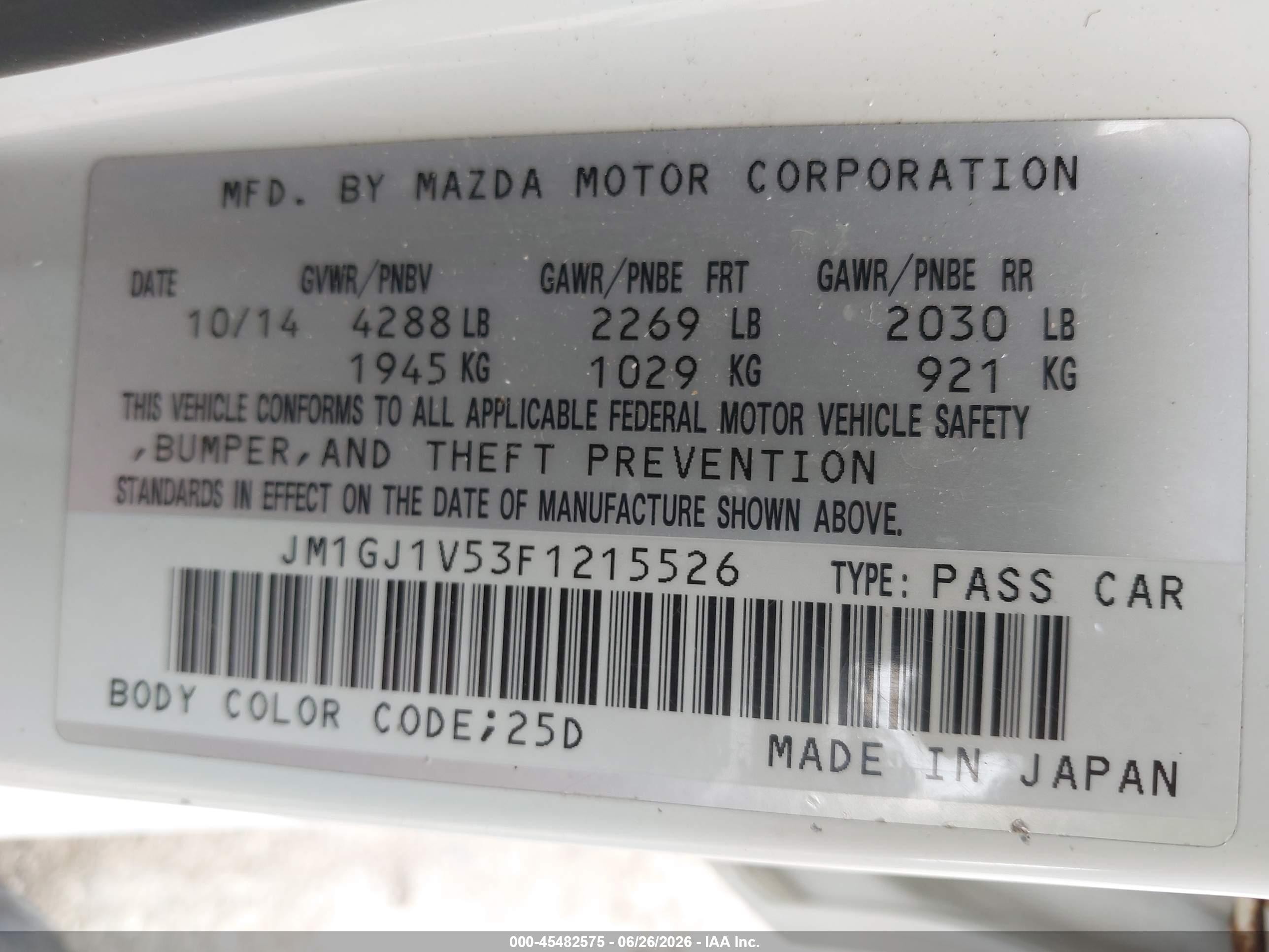 2015 Mazda Mazda6 I Touring White vin: JM1GJ1V53F1215526