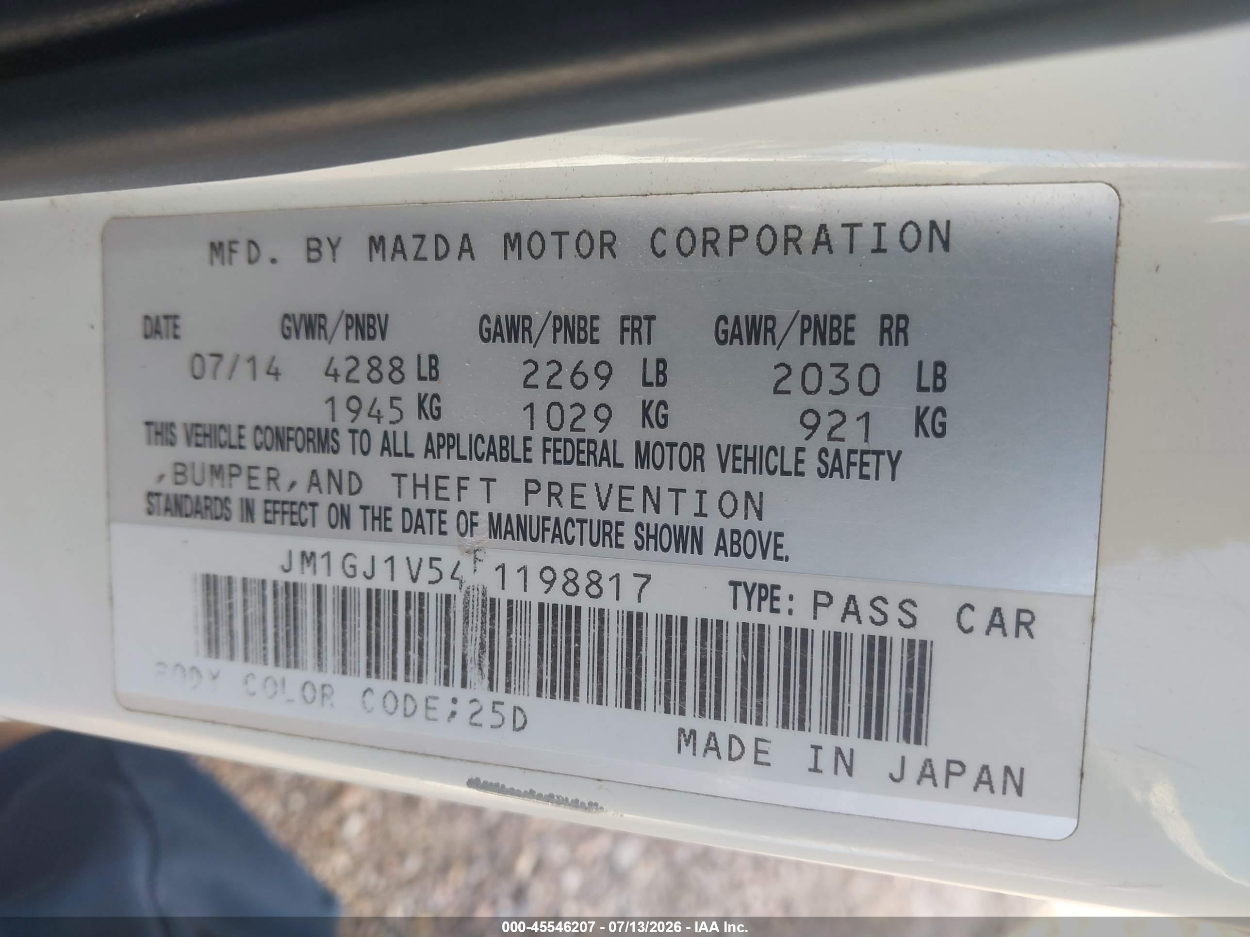 2015 Mazda Mazda6 I Touring White vin: JM1GJ1V54F1198817