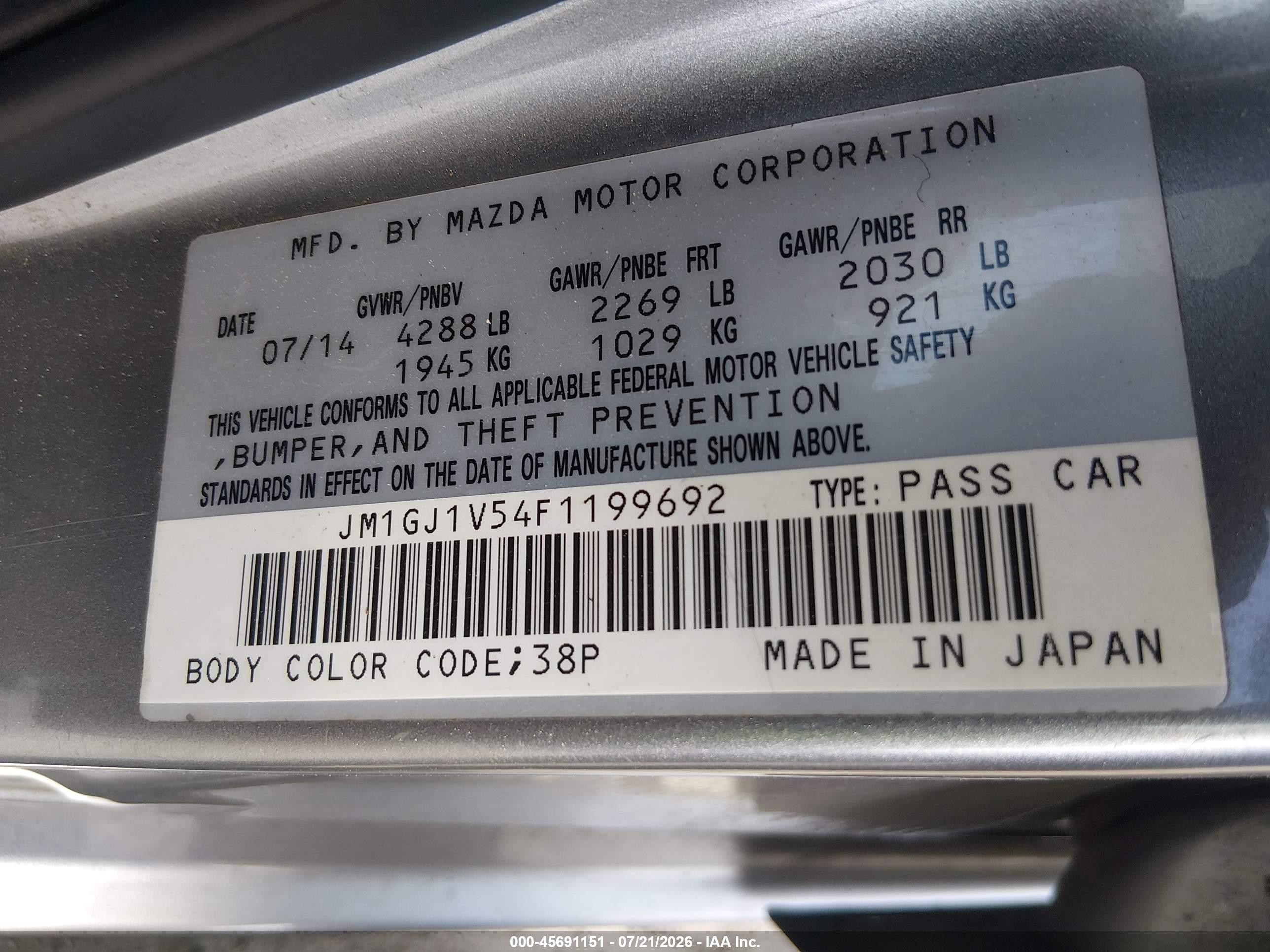 2015 Mazda Mazda6 I Touring Silver vin: JM1GJ1V54F1199692
