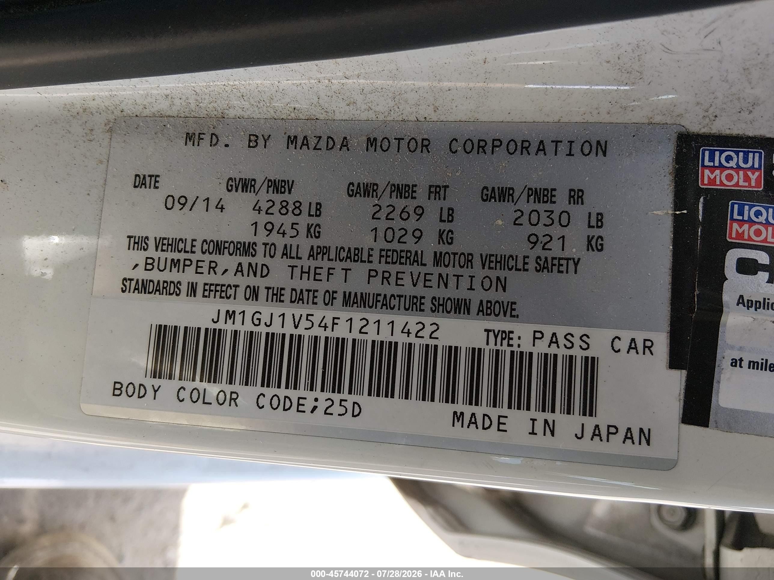2015 Mazda Mazda6 I Touring White vin: JM1GJ1V54F1211422