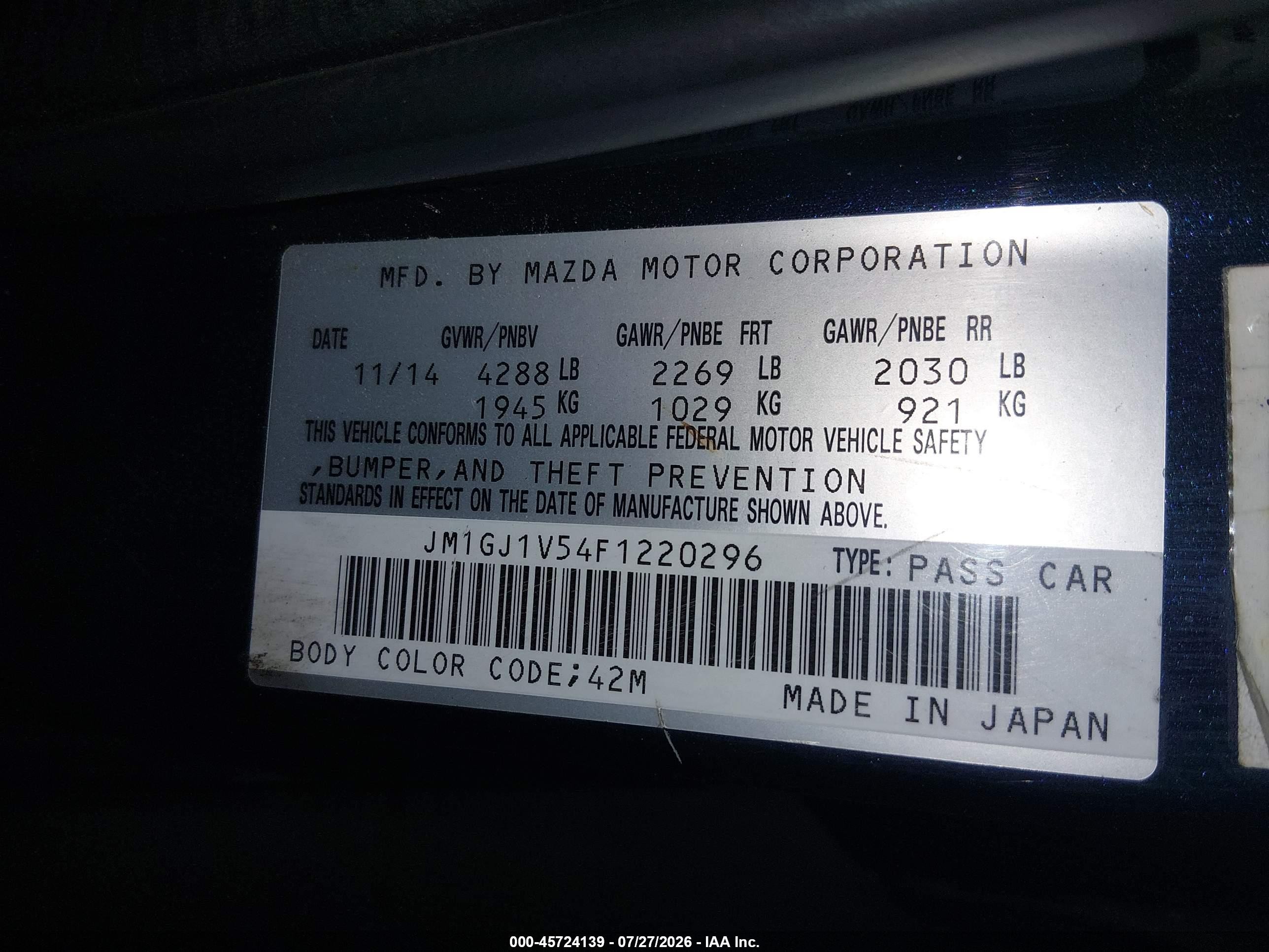 2015 Mazda Mazda6 I Touring Blue vin: JM1GJ1V54F1220296