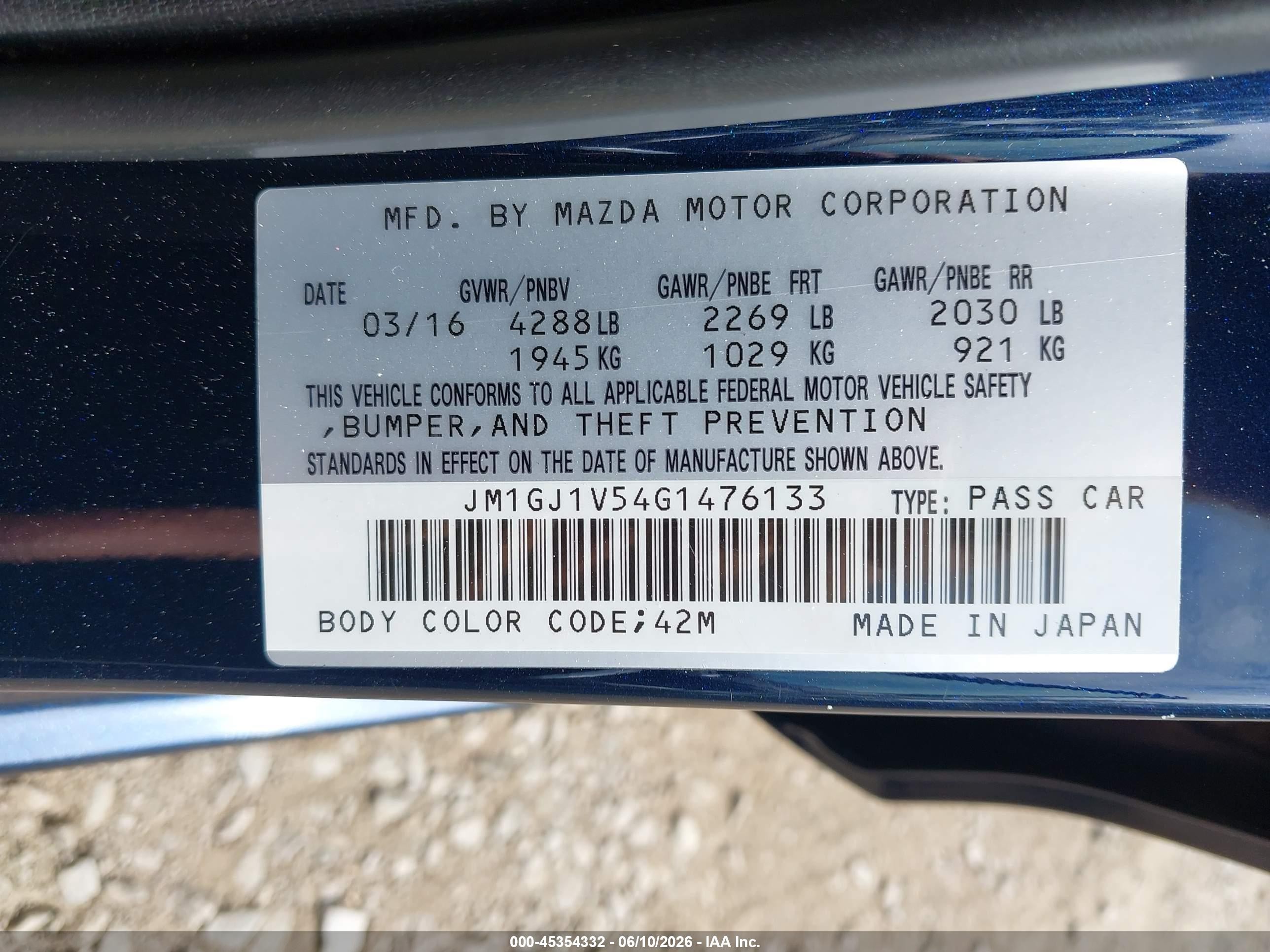 2016 Mazda Mazda6 I Touring Blue vin: JM1GJ1V54G1476133
