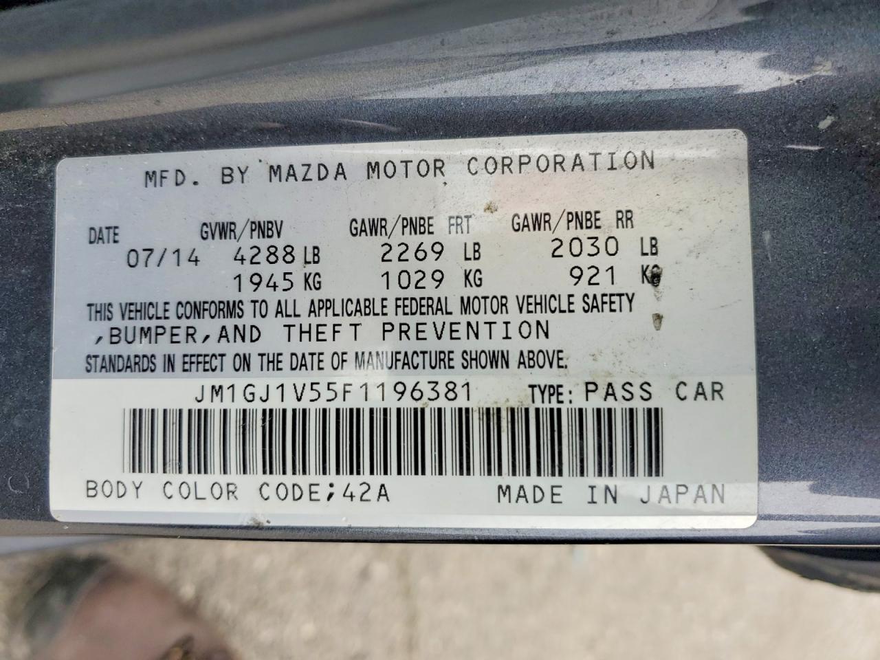 2015 Mazda 6 Touring Charcoal vin: JM1GJ1V55F1196381