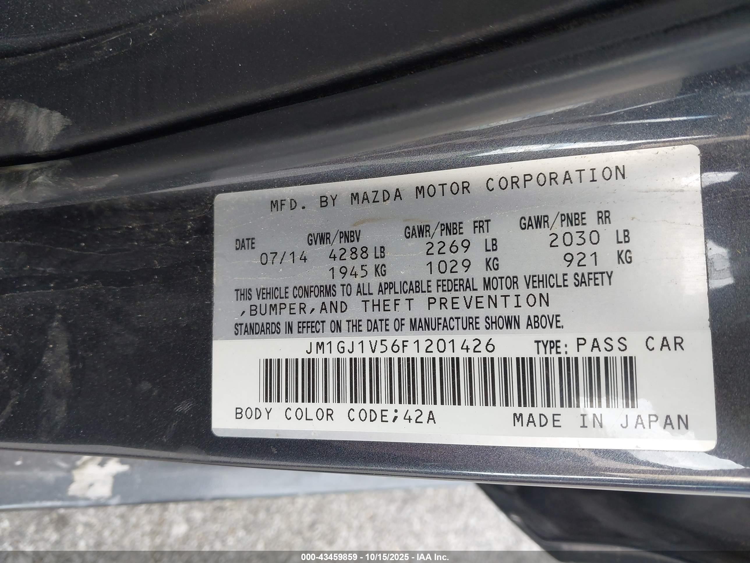 2015 Mazda Mazda6 I Touring Gray vin: JM1GJ1V56F1201426