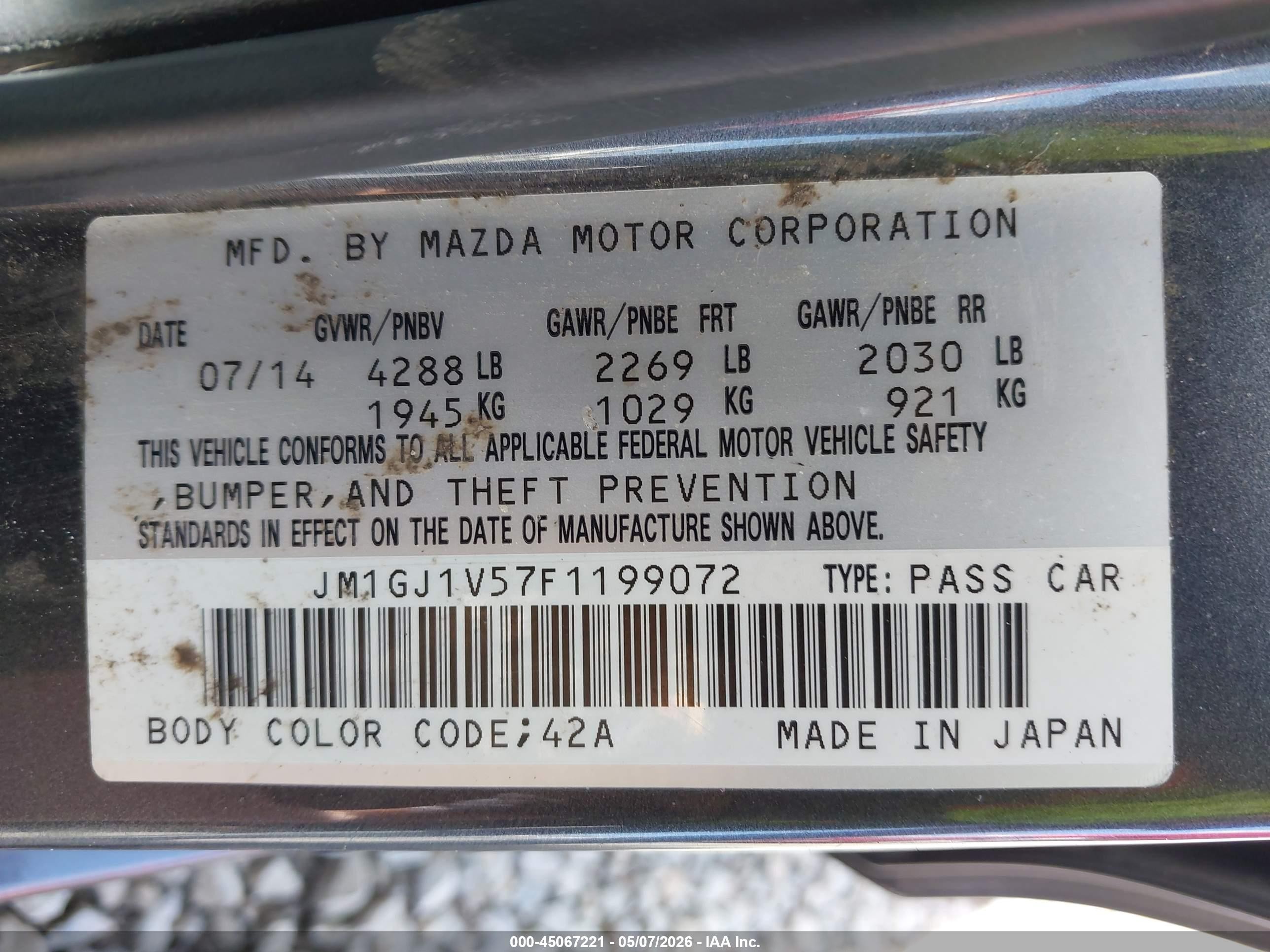 2015 Mazda Mazda6 I Touring Gray vin: JM1GJ1V57F1199072