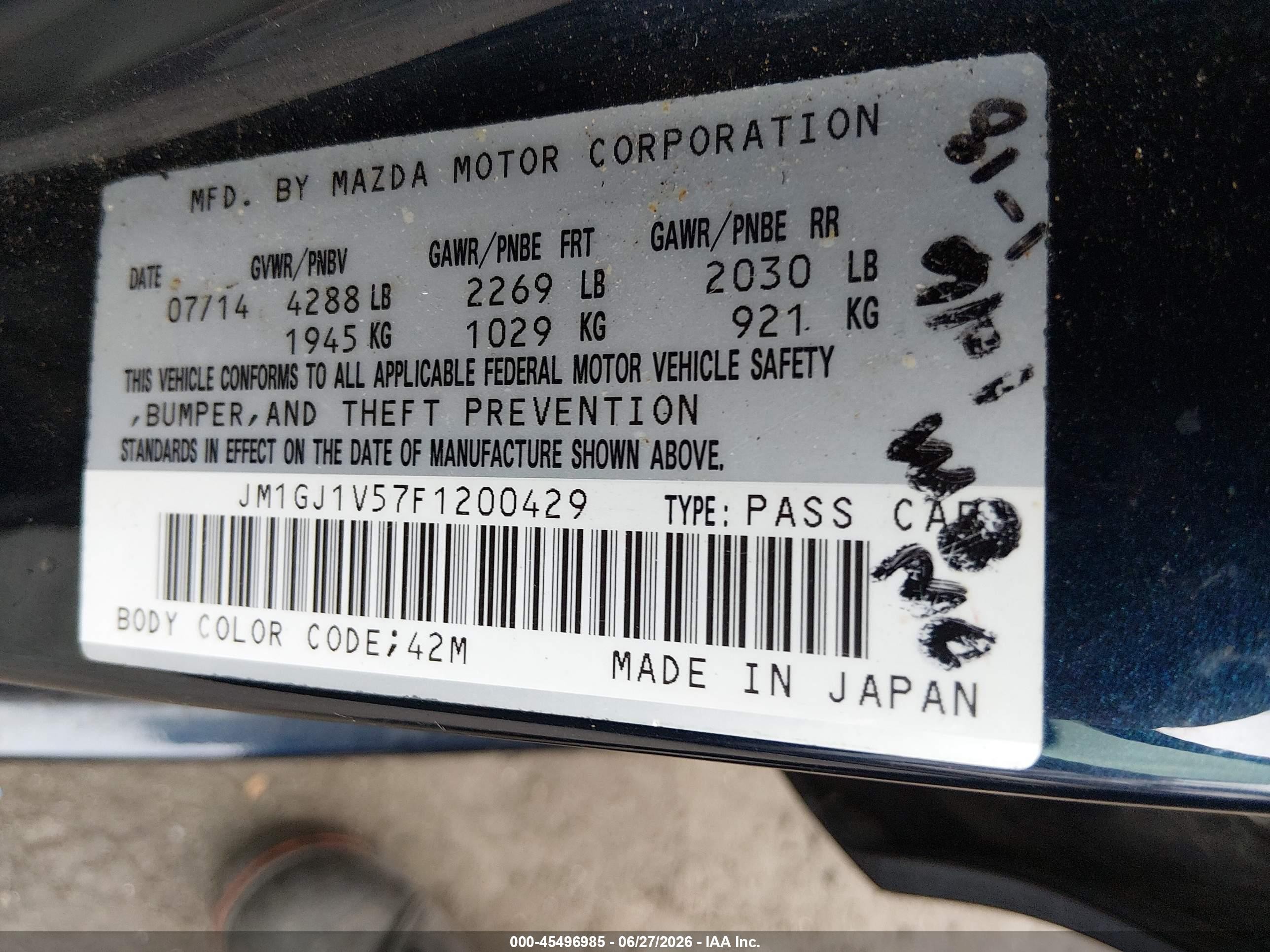 2015 Mazda Mazda6 I Touring Dark Blue vin: JM1GJ1V57F1200429