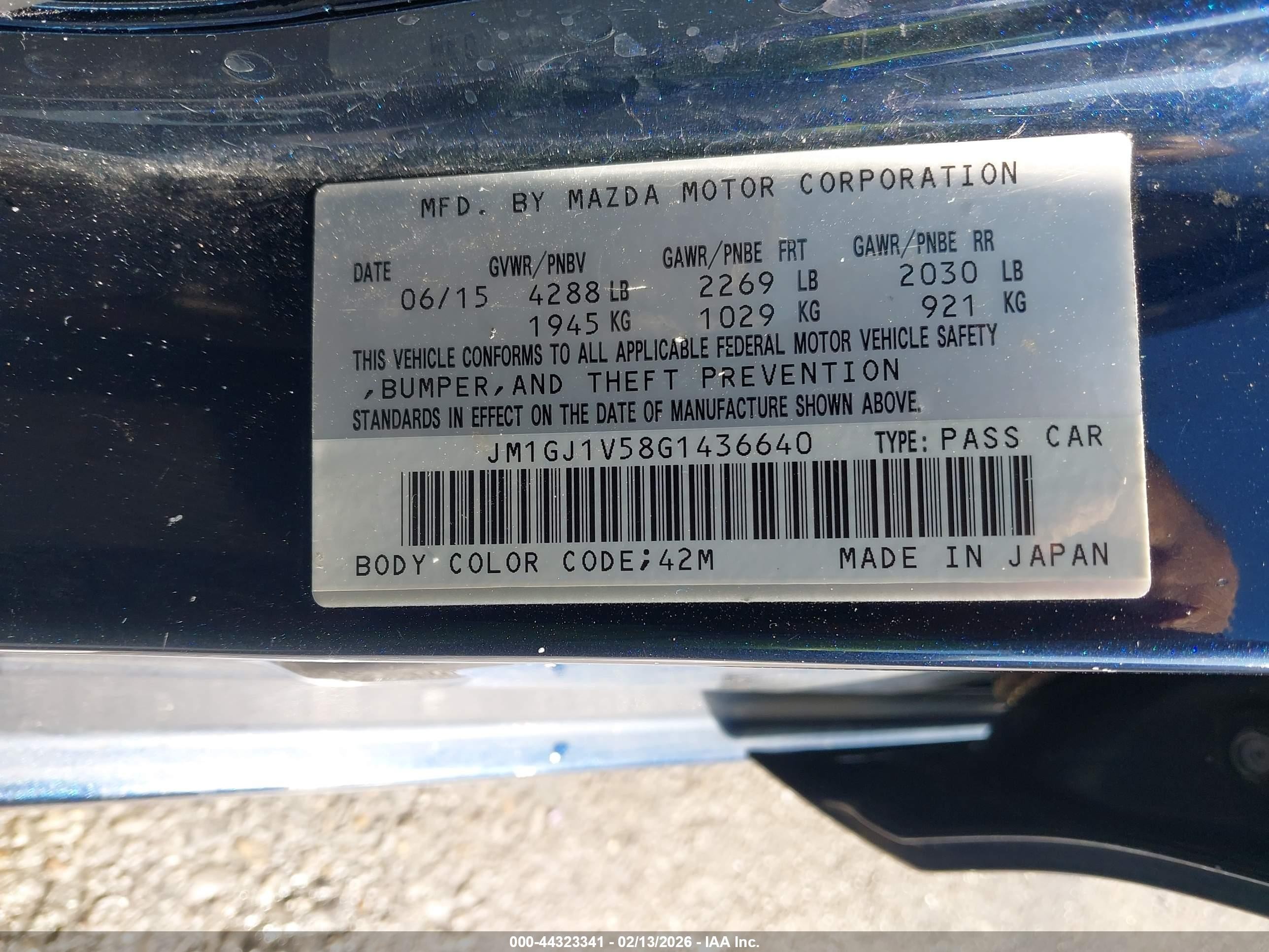 2016 Mazda Mazda6 I Touring Синий vin: JM1GJ1V58G1436640