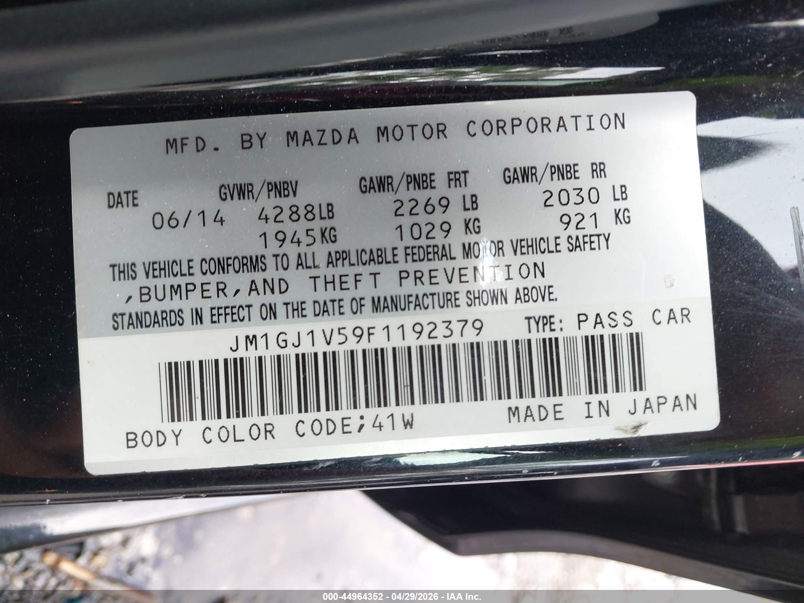 2015 Mazda Mazda6 I Touring Черный vin: JM1GJ1V59F1192379
