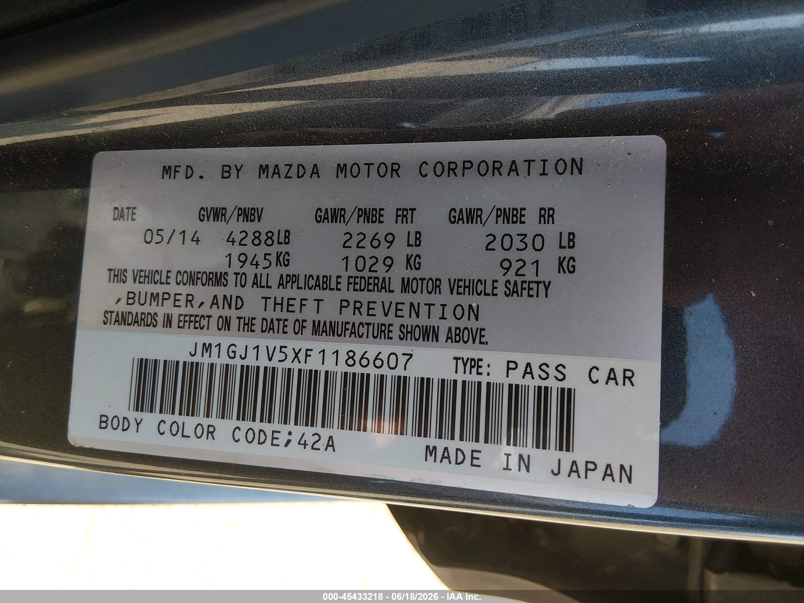 2015 Mazda Mazda6 I Touring Gray vin: JM1GJ1V5XF1186607
