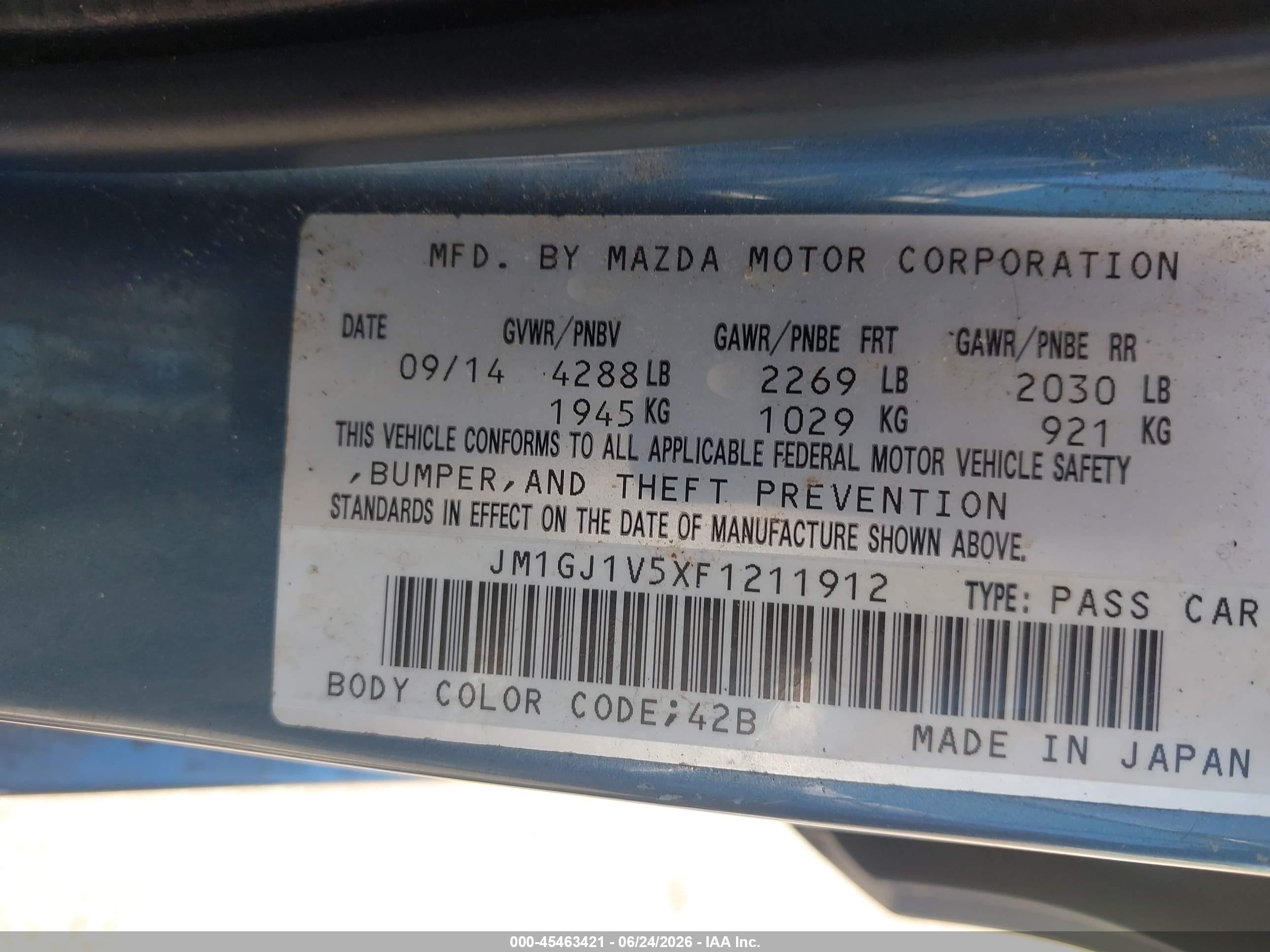 2015 Mazda Mazda6 I Touring Light Blue vin: JM1GJ1V5XF1211912