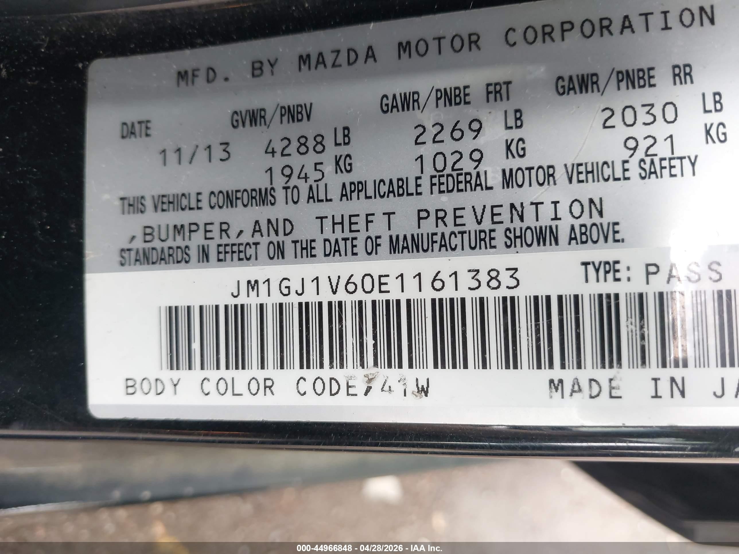 2014 Mazda Mazda6 I Touring Black vin: JM1GJ1V60E1161383