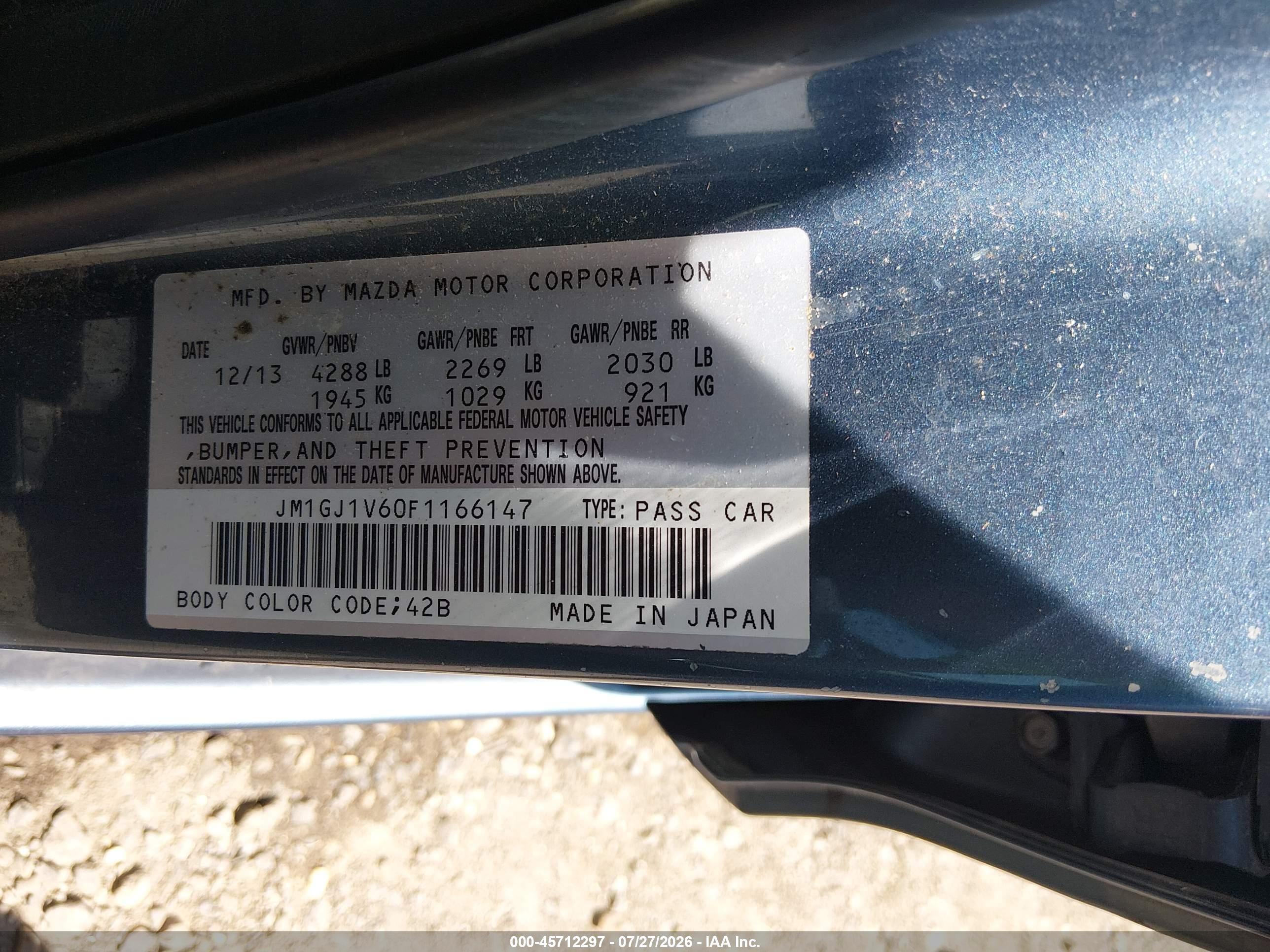 2015 Mazda Mazda6 I Touring Blue vin: JM1GJ1V60F1166147