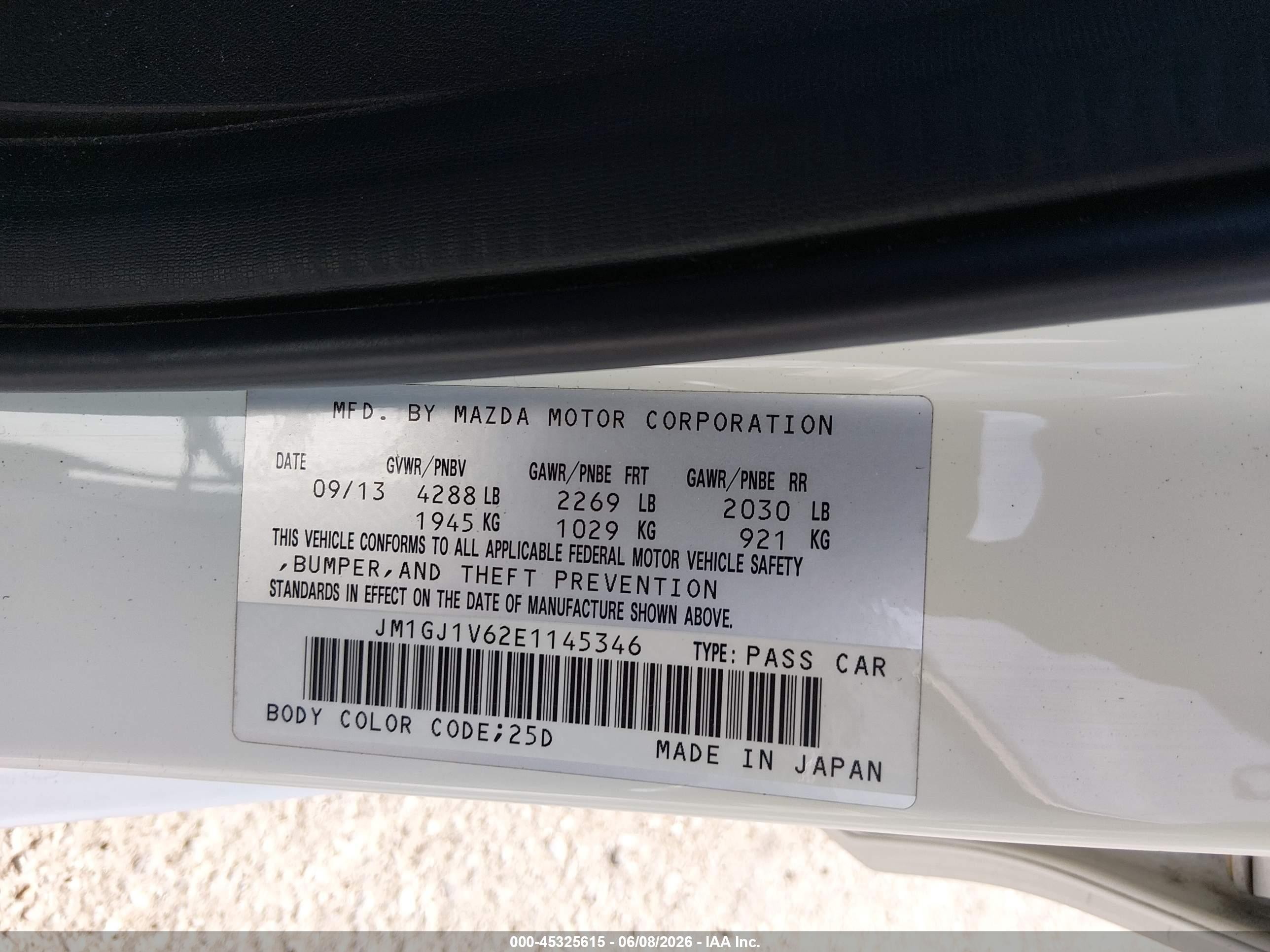 2014 Mazda Mazda6 I Touring White vin: JM1GJ1V62E1145346