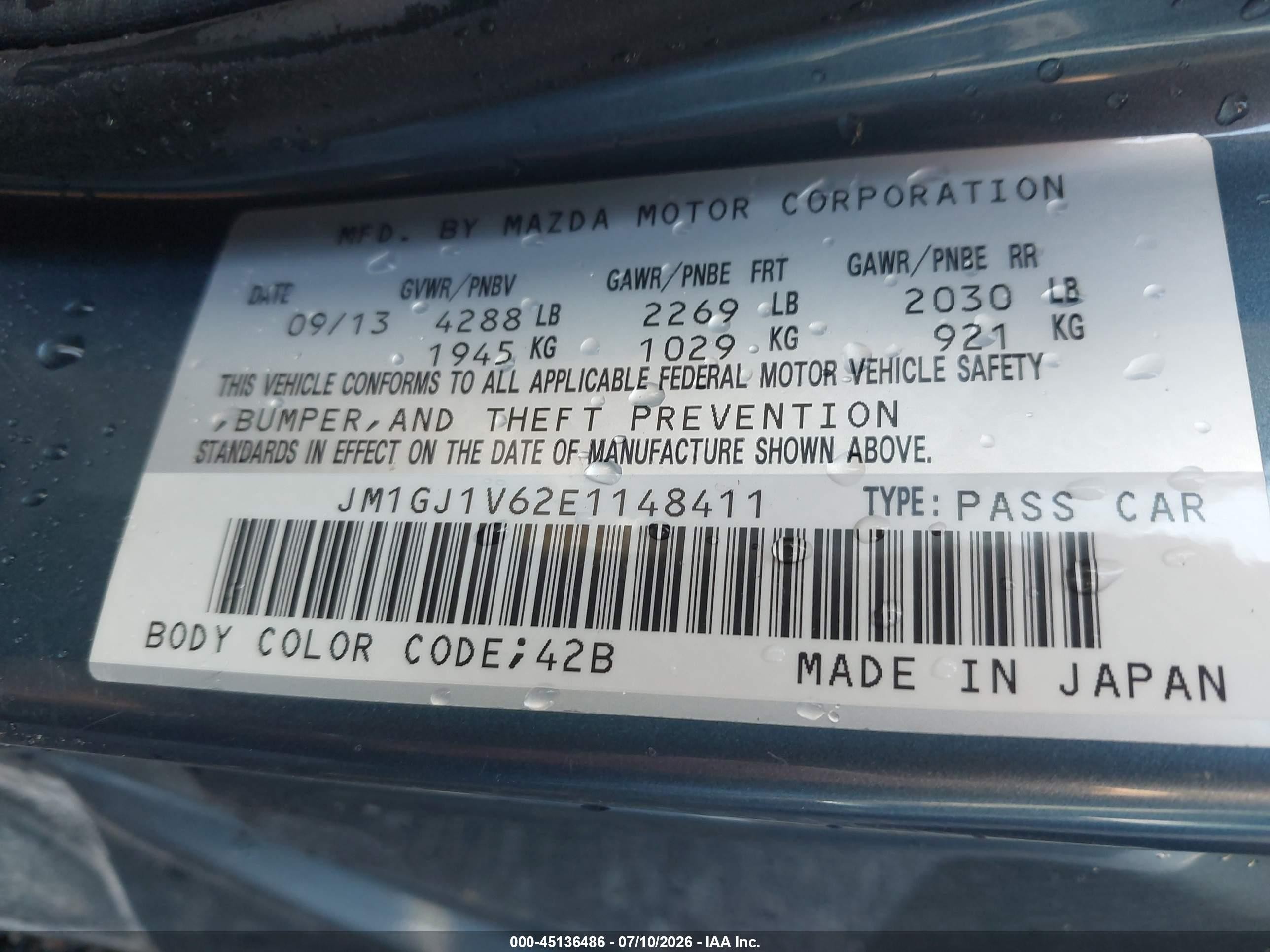 2014 Mazda Mazda6   Blue vin: JM1GJ1V62E1148411