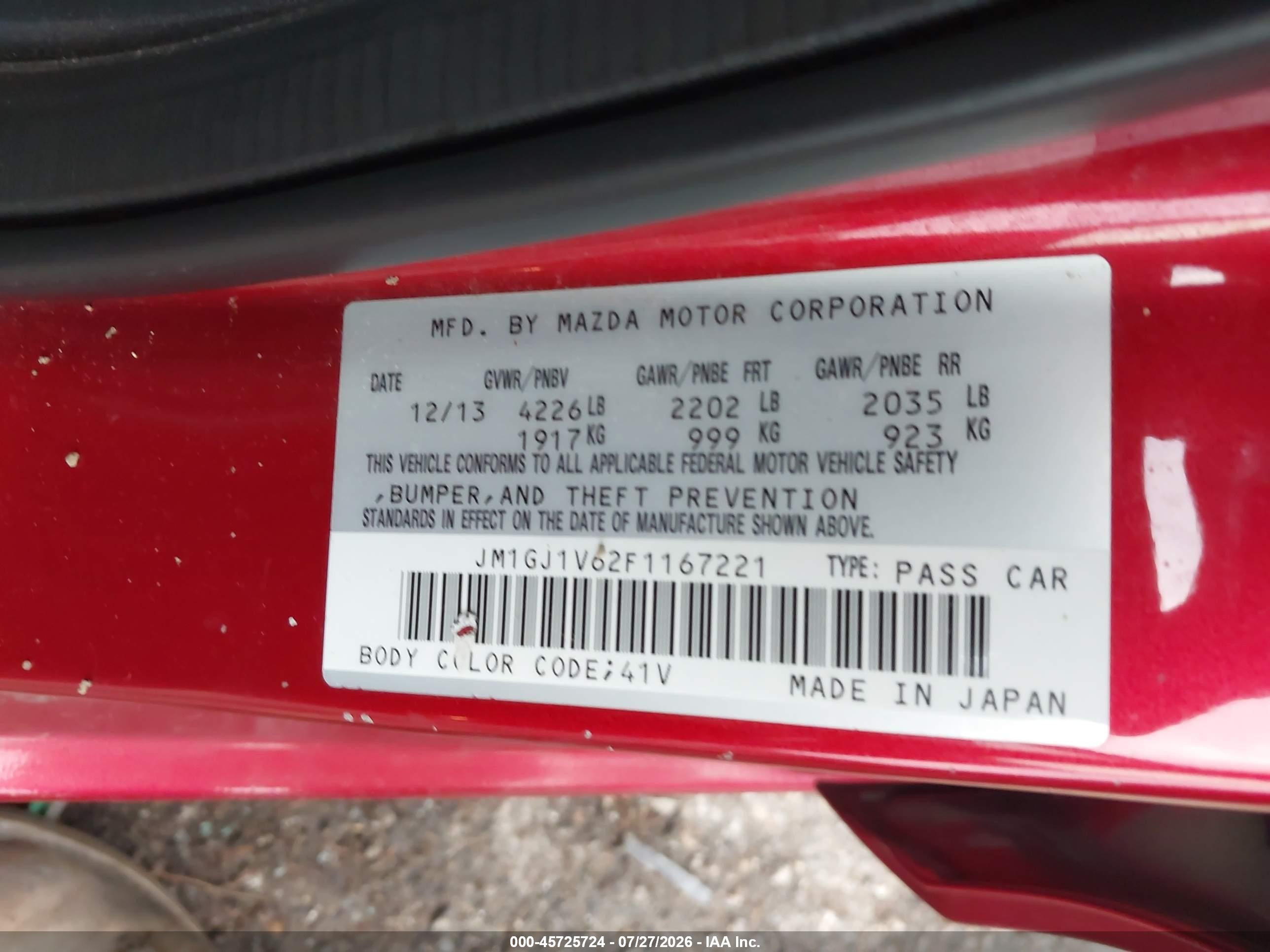 2015 Mazda Mazda6 I Touring Красный vin: JM1GJ1V62F1167221