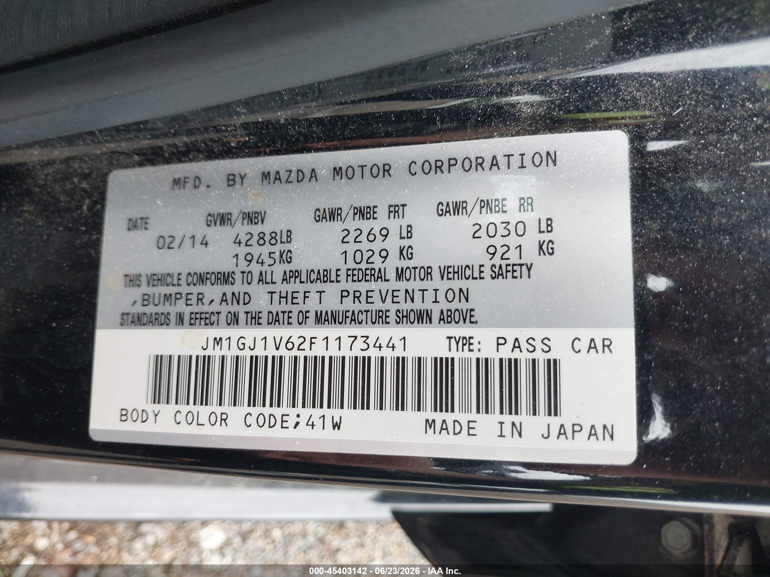 2015 Mazda Mazda6 I Touring Black vin: JM1GJ1V62F1173441