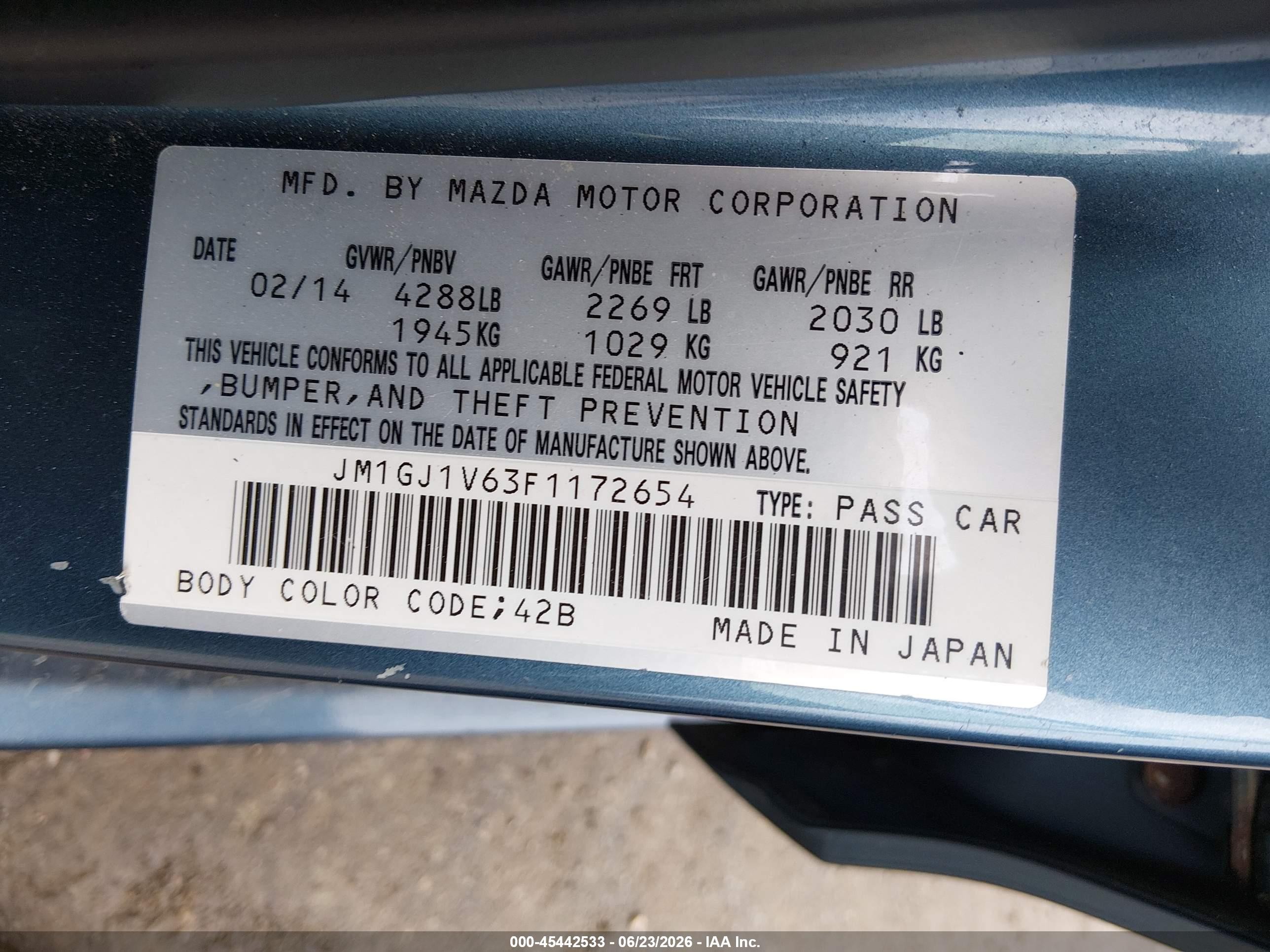 2015 Mazda Mazda6 I Touring Blue vin: JM1GJ1V63F1172654
