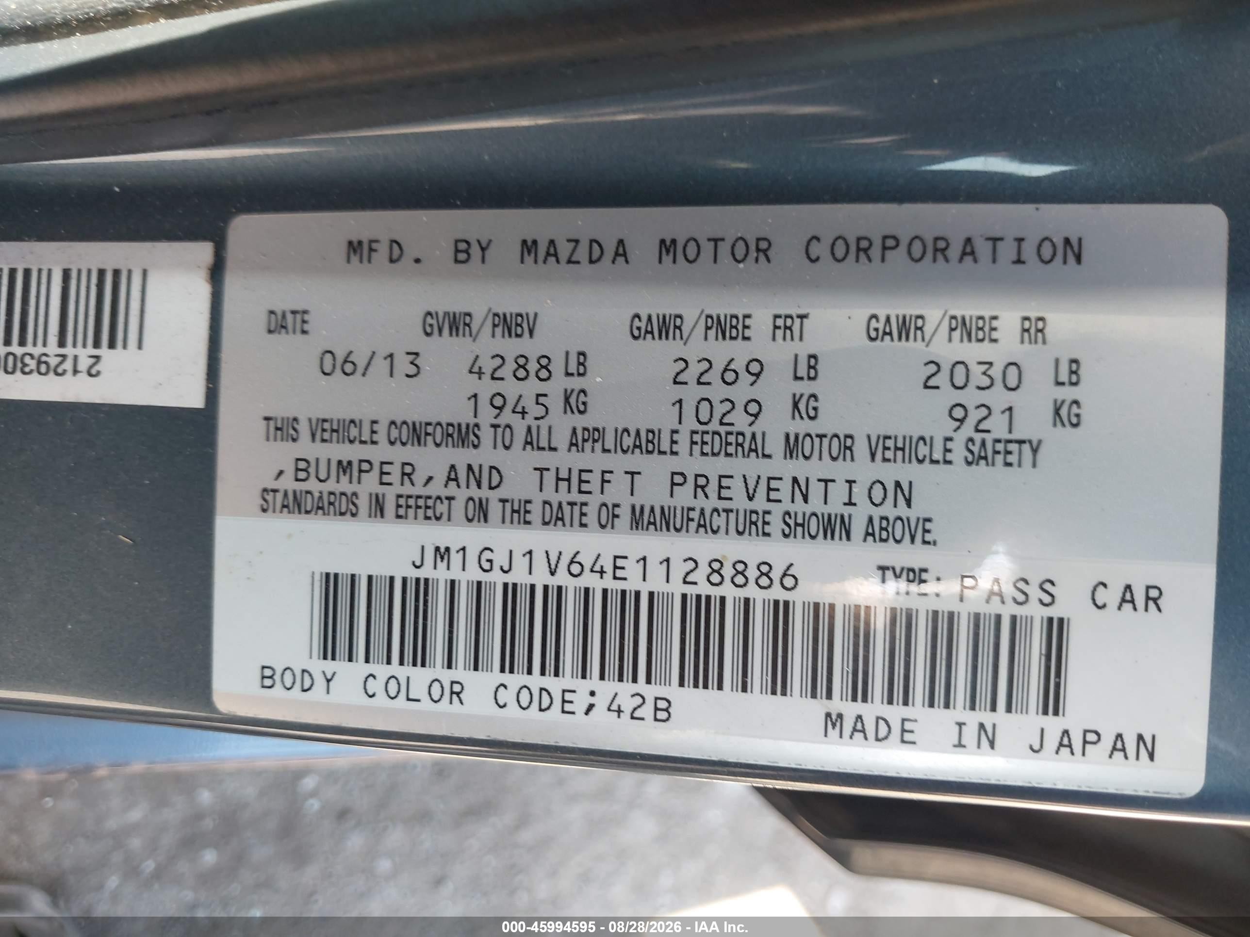 2014 Mazda Mazda6 I Touring Blue vin: JM1GJ1V64E1128886