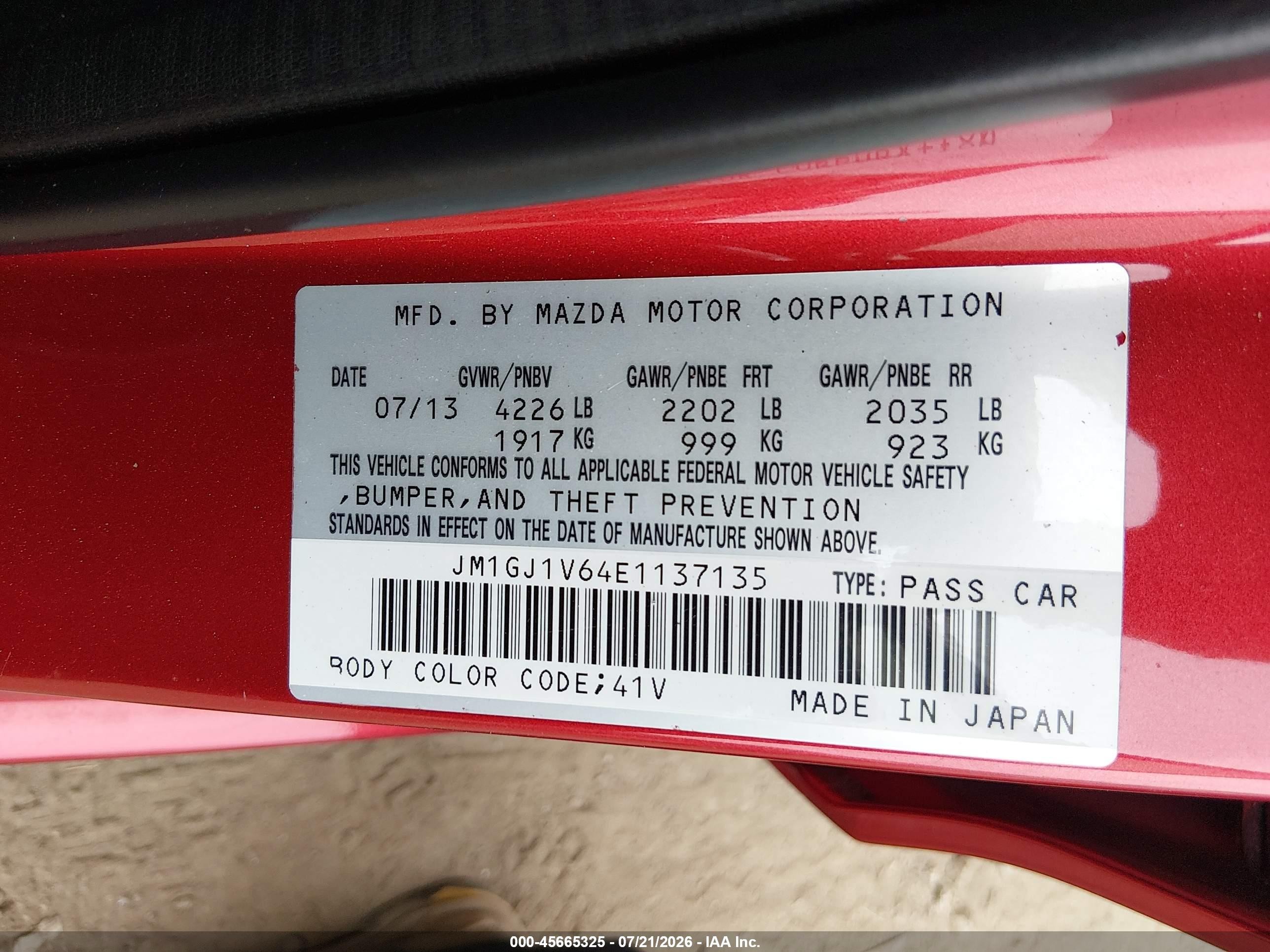 2014 Mazda Mazda6 I Touring Red vin: JM1GJ1V64E1137135