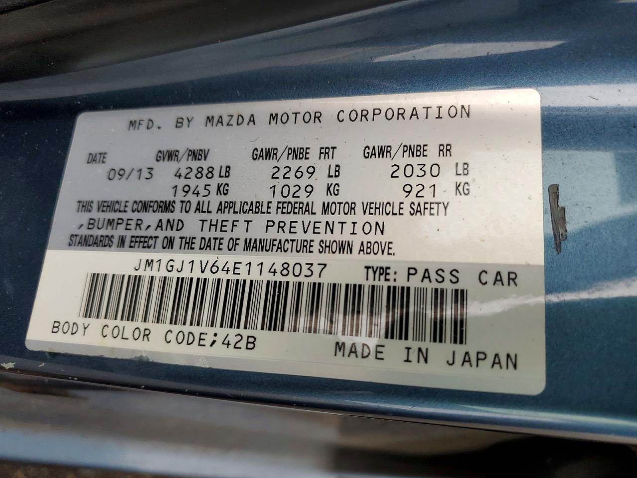 2014 Mazda 6 Touring Blue vin: JM1GJ1V64E1148037