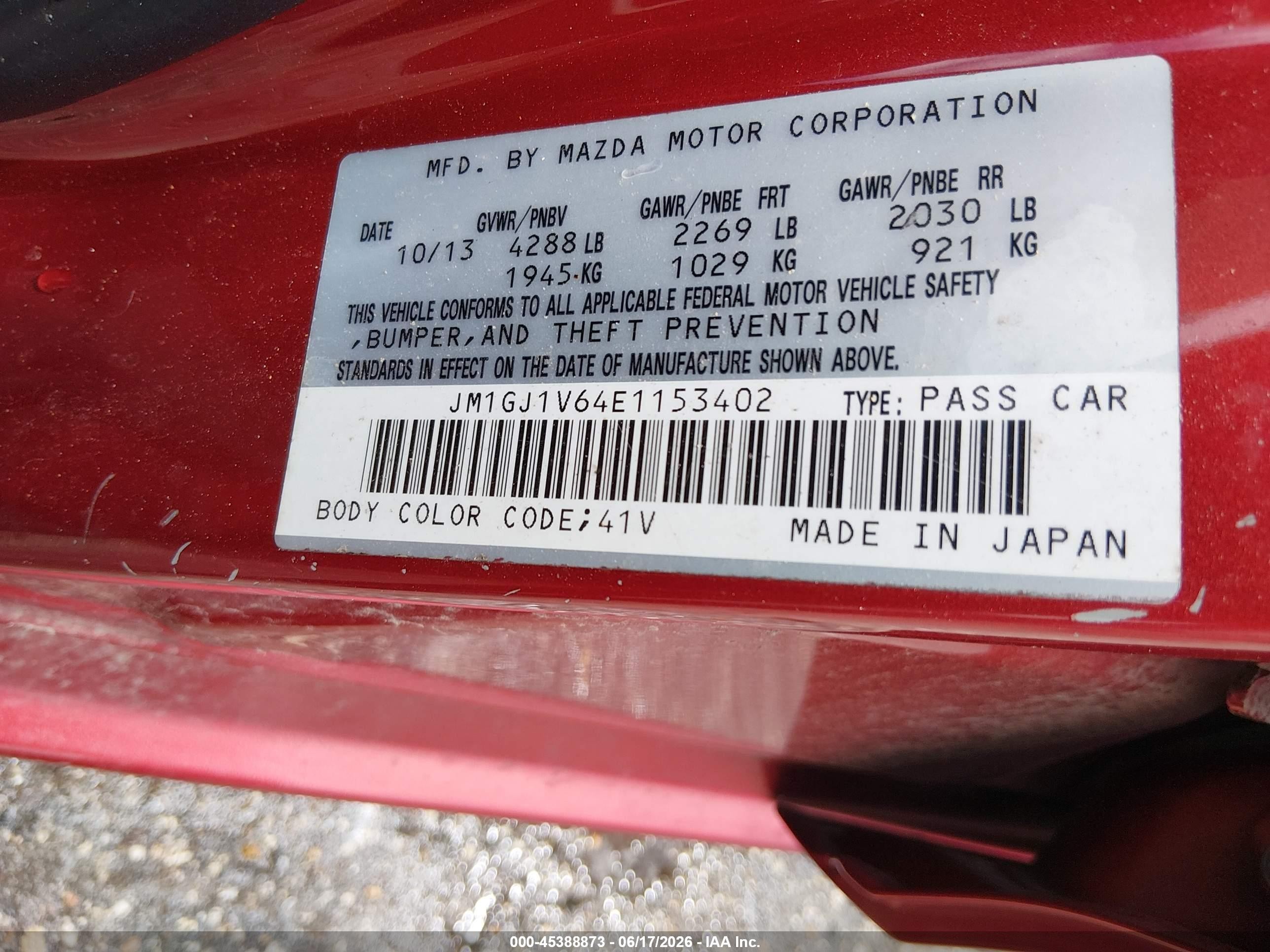 2014 Mazda Mazda6 I Touring Red vin: JM1GJ1V64E1153402