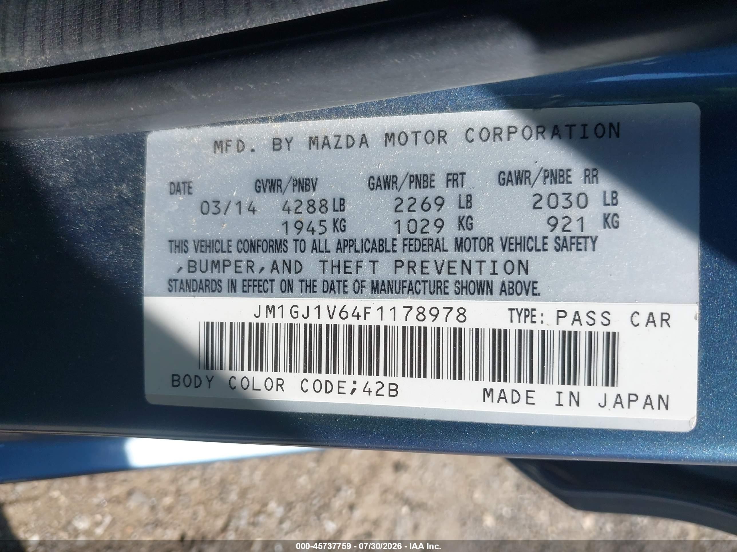 2015 Mazda Mazda6   Blue vin: JM1GJ1V64F1178978