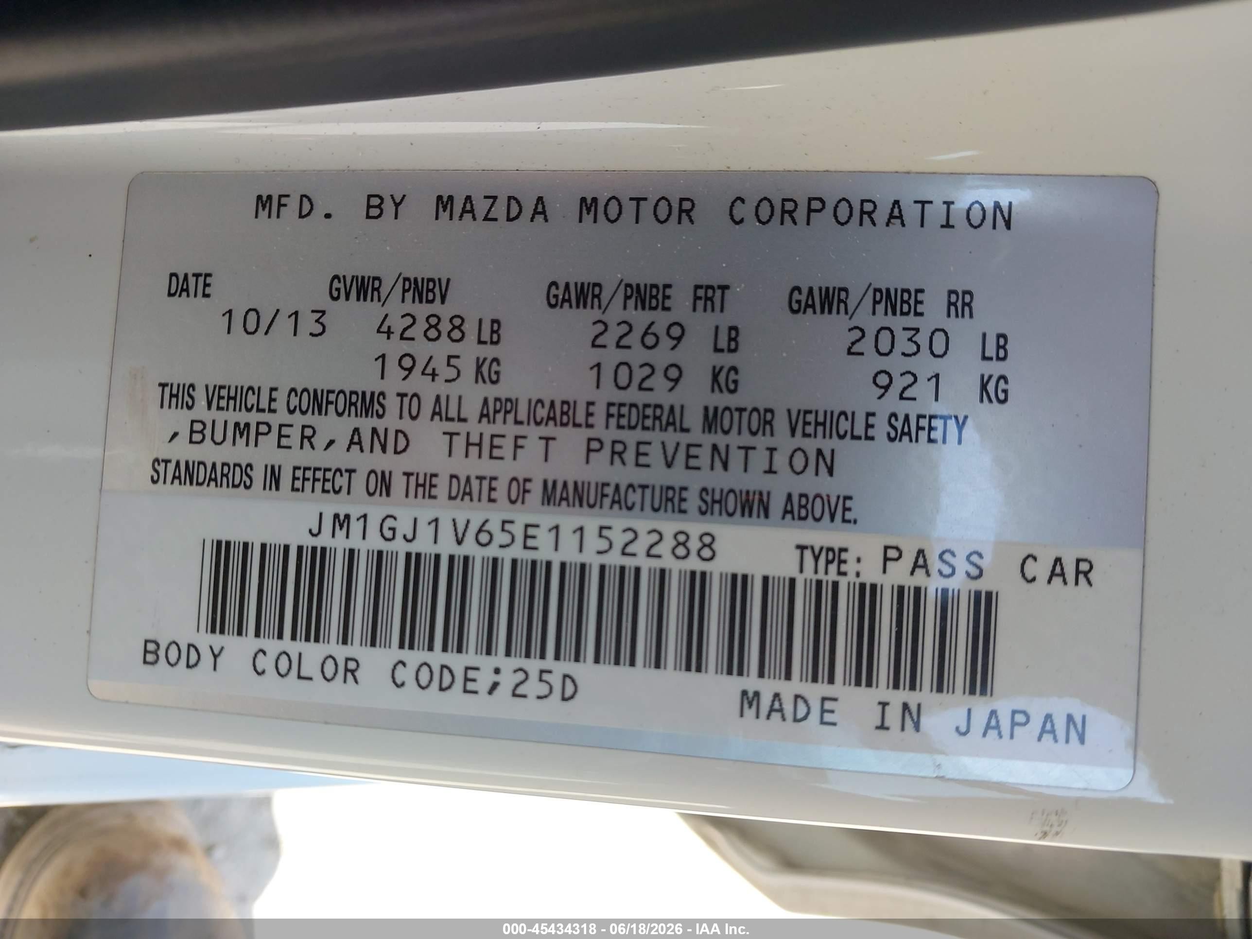 2014 Mazda Mazda6 I Touring White vin: JM1GJ1V65E1152288