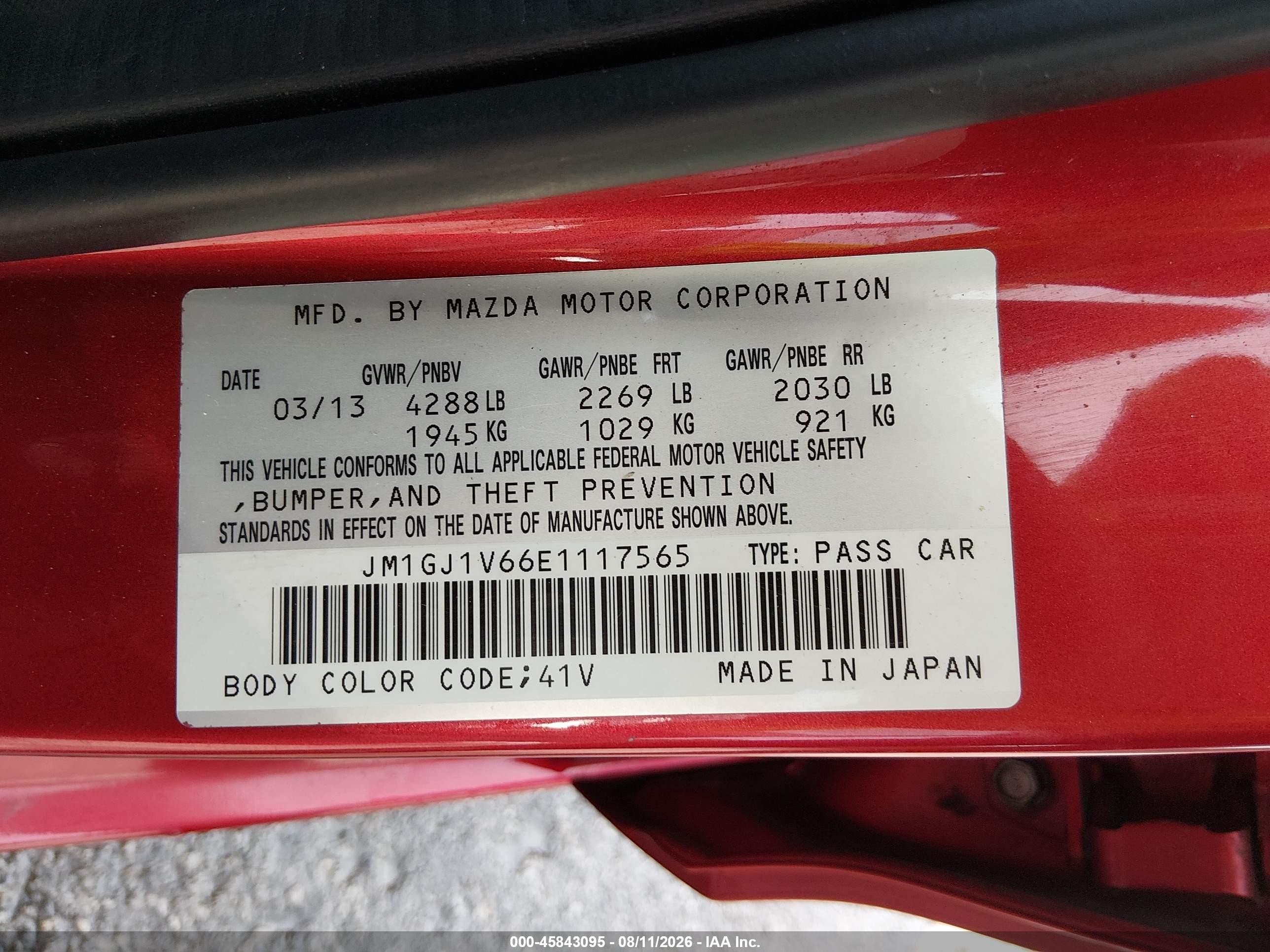 2014 Mazda Mazda6 I Touring Red vin: JM1GJ1V66E1117565