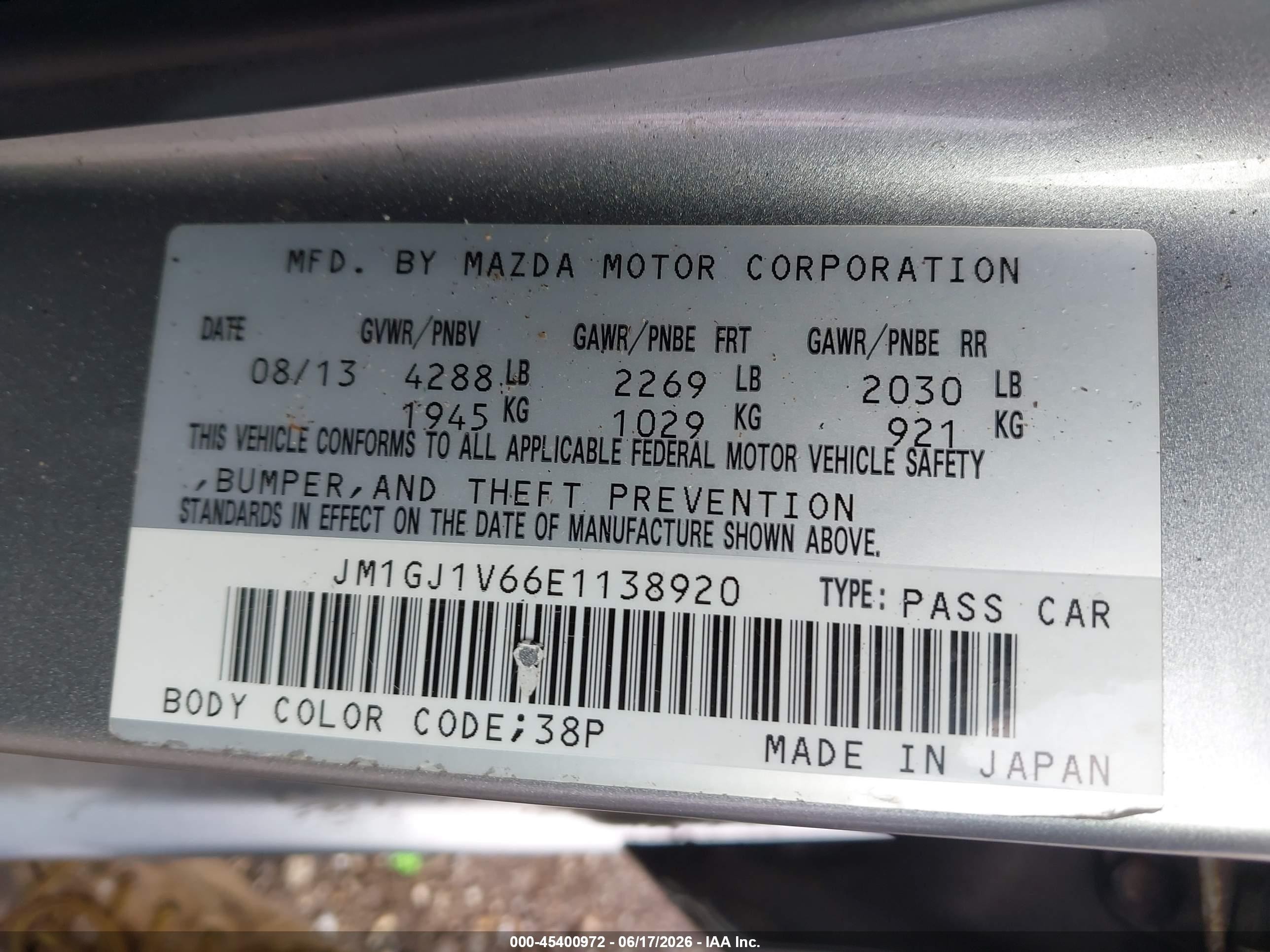 2014 Mazda Mazda6 I Touring Silver vin: JM1GJ1V66E1138920