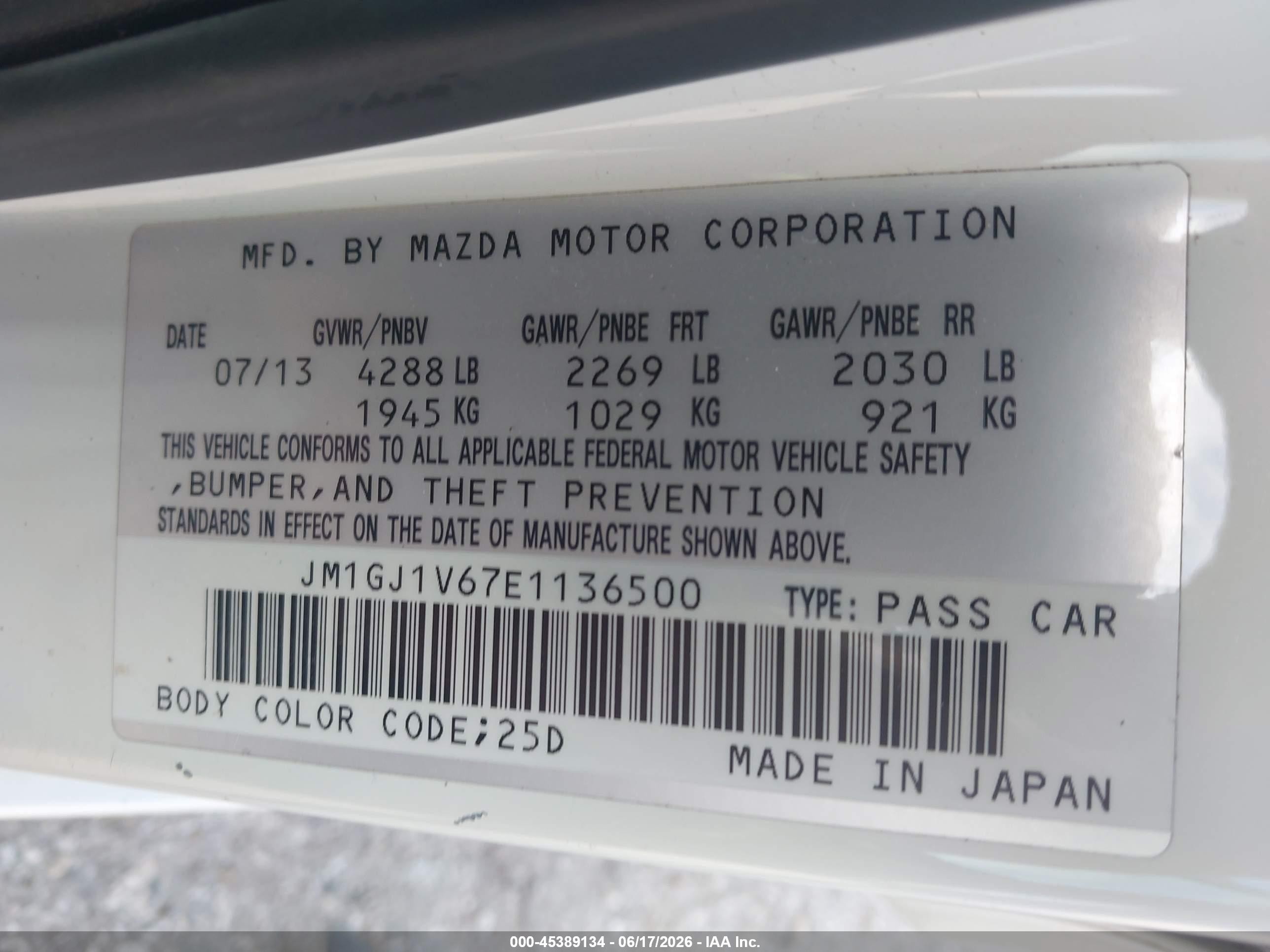 2014 Mazda Mazda6   White vin: JM1GJ1V67E1136500