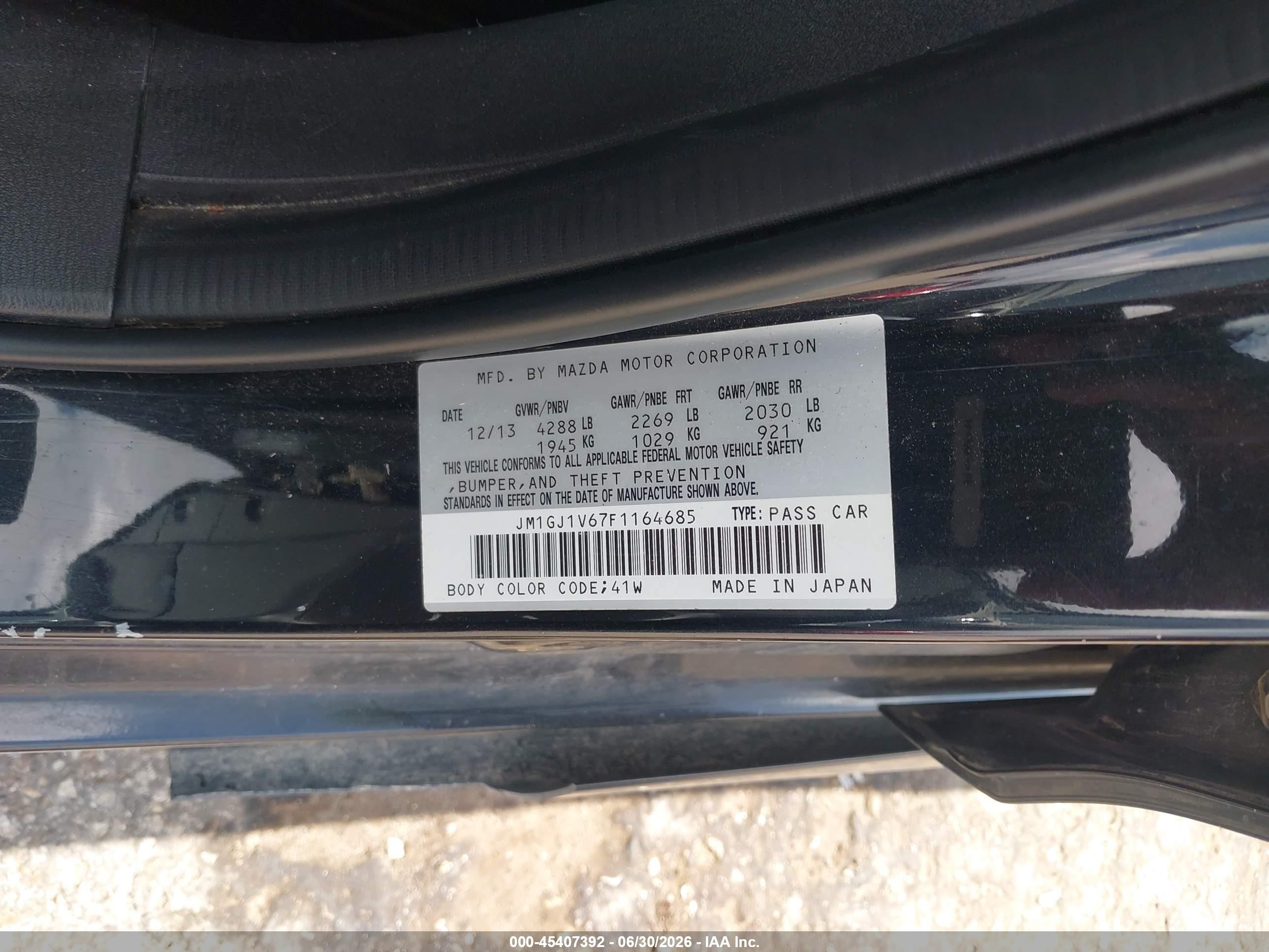 2015 Mazda Mazda6 I Touring Black vin: JM1GJ1V67F1164685