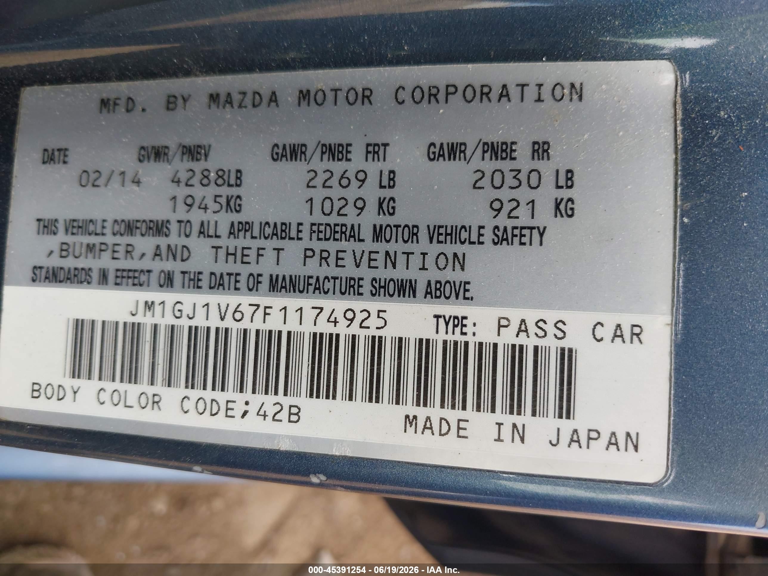 2015 Mazda Mazda6 I Touring Blue vin: JM1GJ1V67F1174925