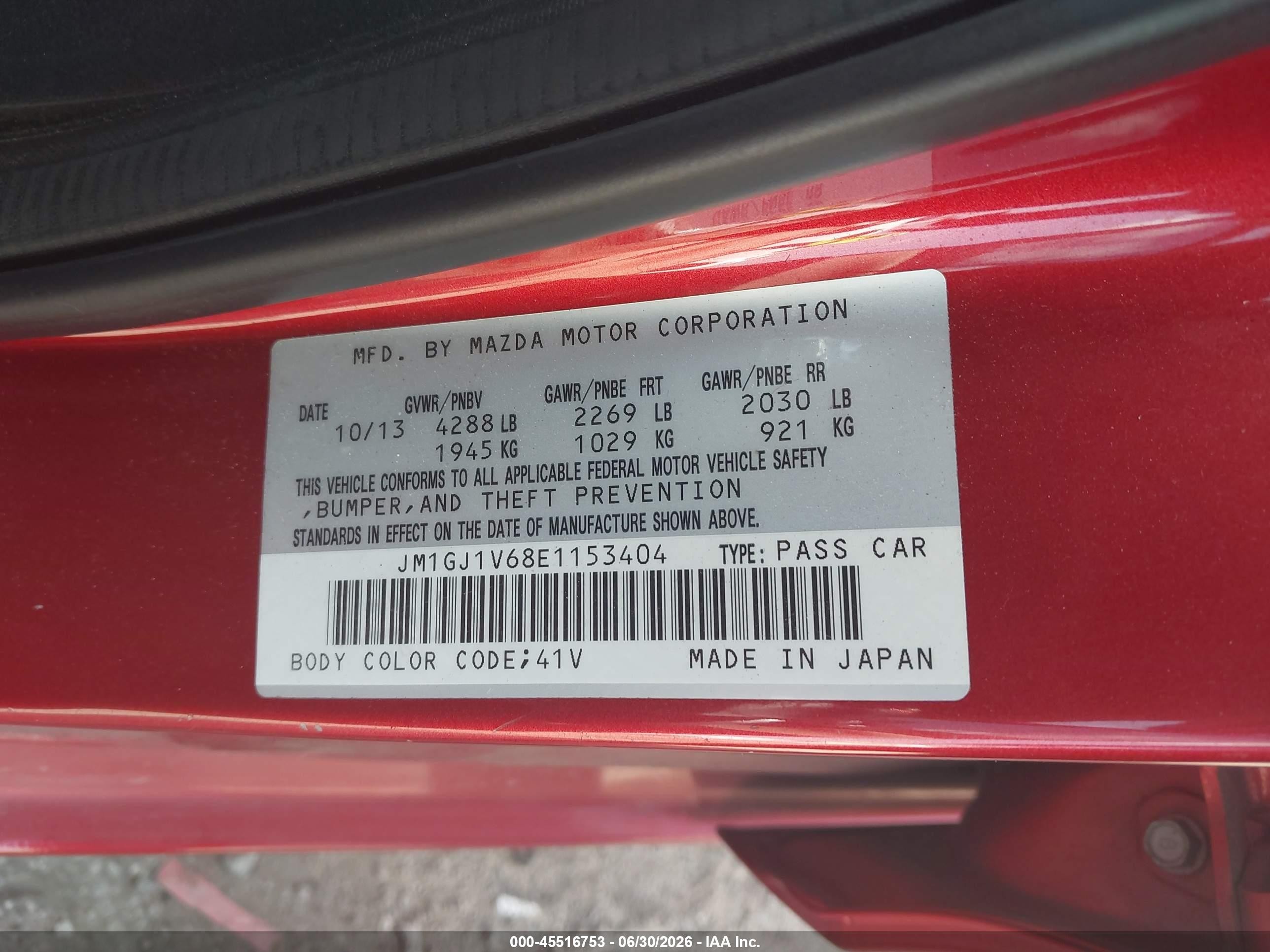 2014 Mazda Mazda6 I Touring Red vin: JM1GJ1V68E1153404