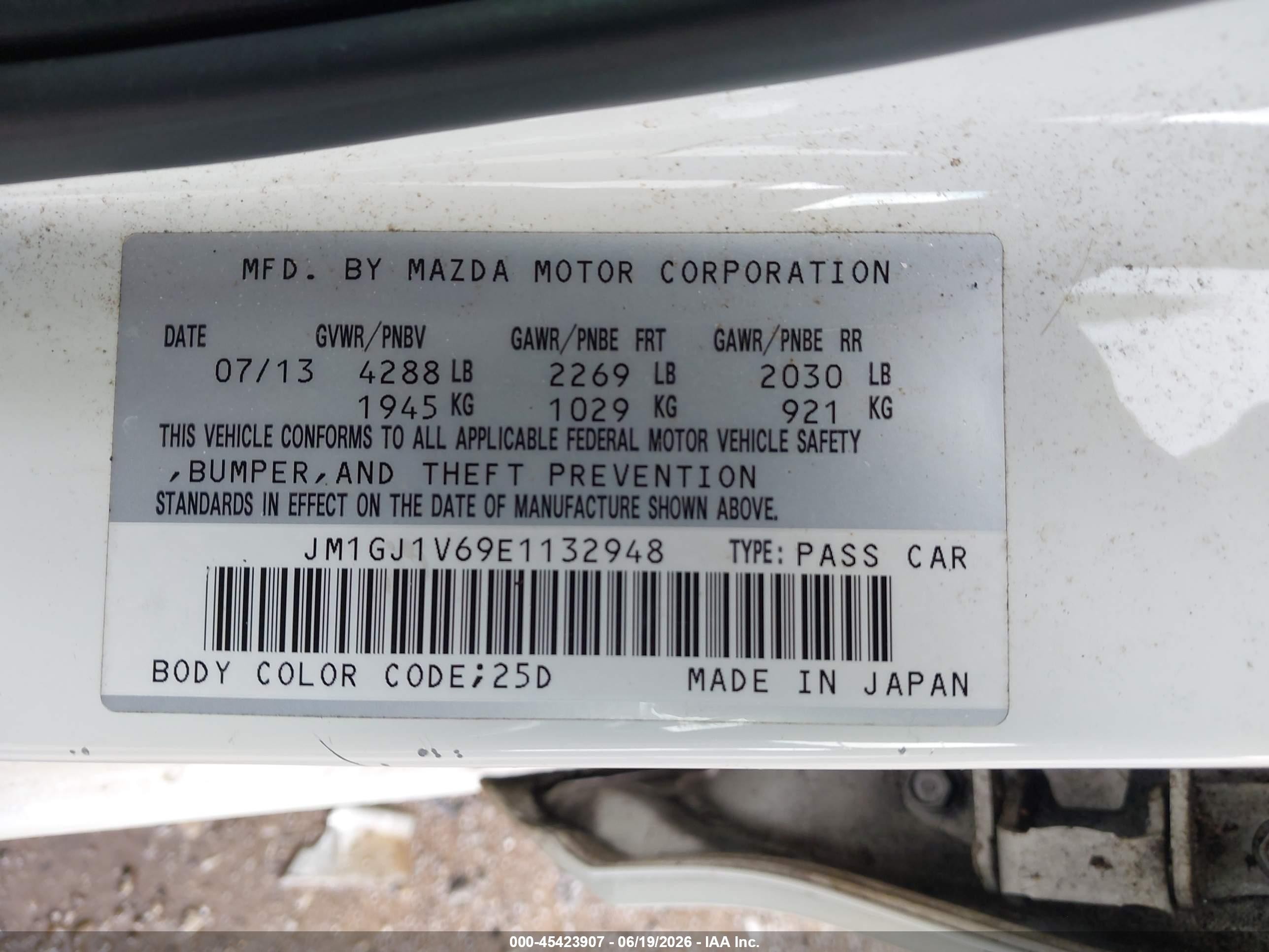 2014 Mazda Mazda6 I Touring White vin: JM1GJ1V69E1132948