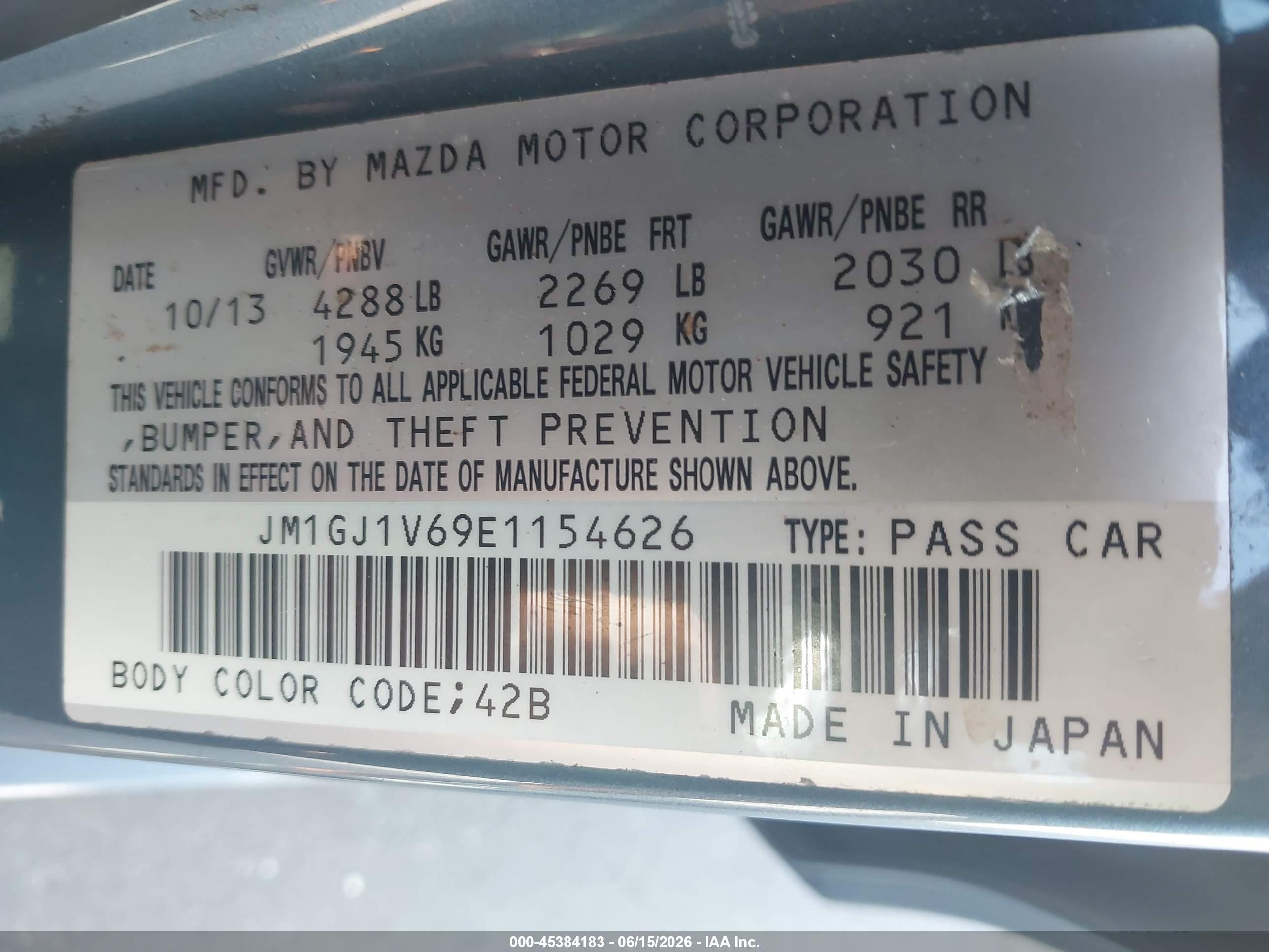 2014 Mazda Mazda6 I Touring Navy vin: JM1GJ1V69E1154626